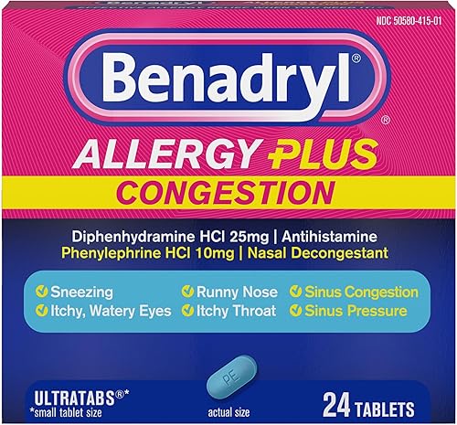 Miniatura 1 de Benadryl Allergy Plus Congestion Ultratabs medicina para alergias con difenhidramina HCl antihistamínico y fenilefrina HCl descongestionante nasal