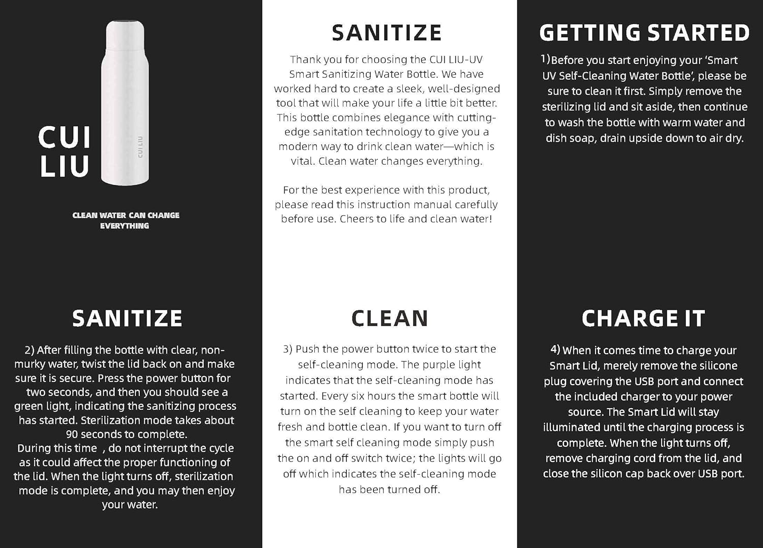 Self-Cleaning UV Water Bottle - 20oz Insulated Stainless Steel - Leakproof Rechargeable & Reusable Clean Bottle - Clean & Travel-Friendly - (White)