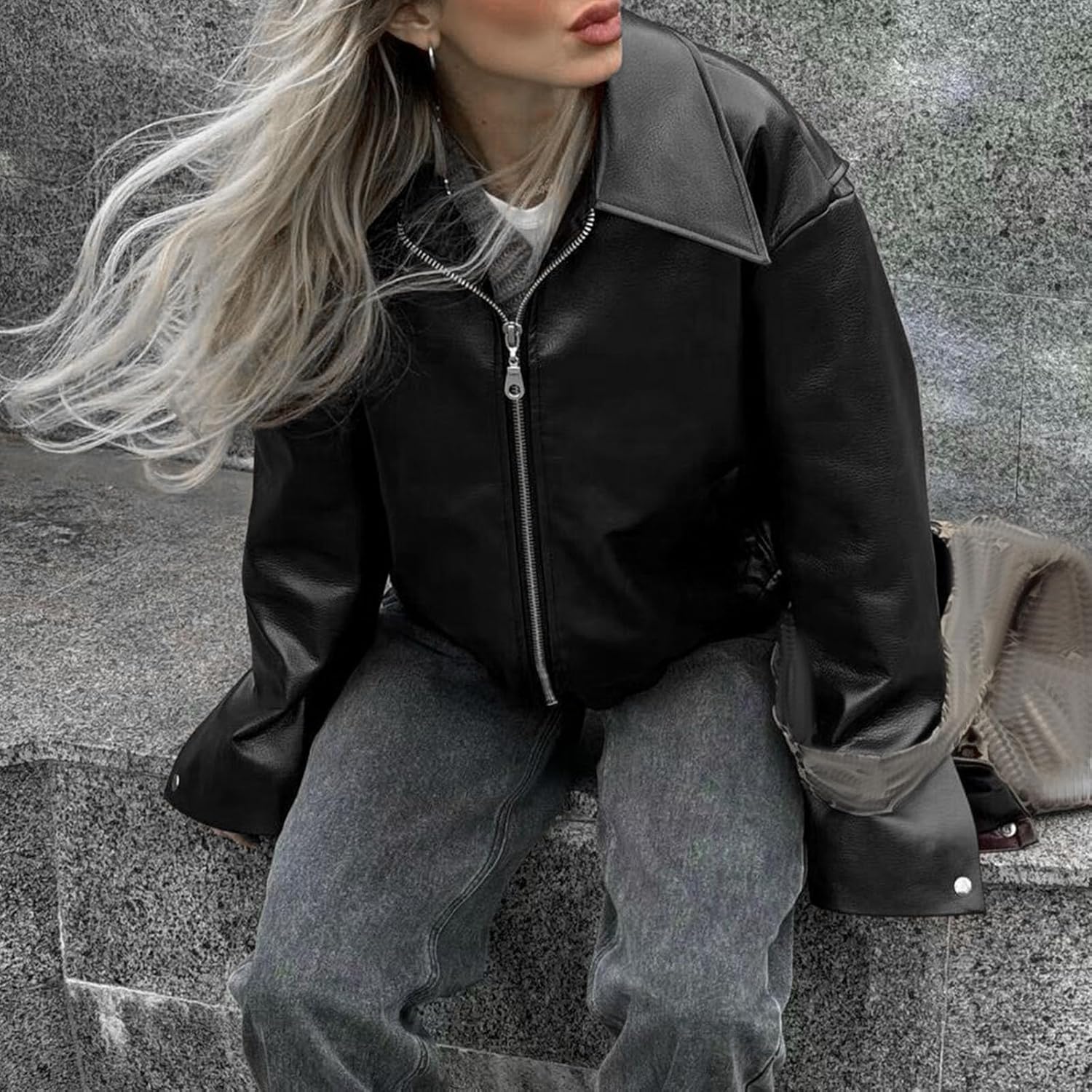 Women's Faux Leather Shacket Long Sleeve Zip Up Motorcycle Jacket Biker Coat Motorcycle Jacket Women 2025 Trendy