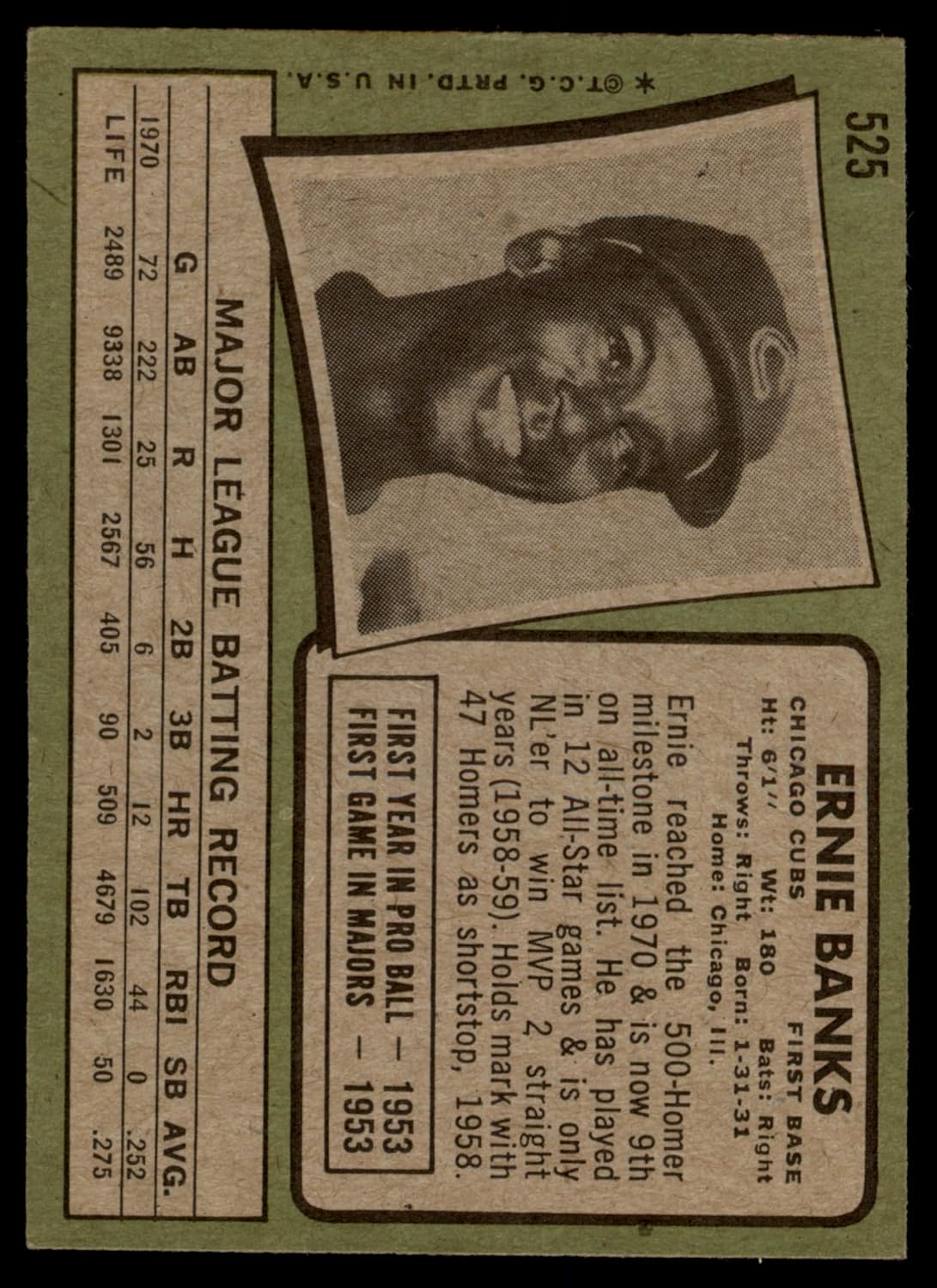 1971 Topps #525 Ernie Banks Chicago Cubs (Baseball Card) VG/EX Cubs