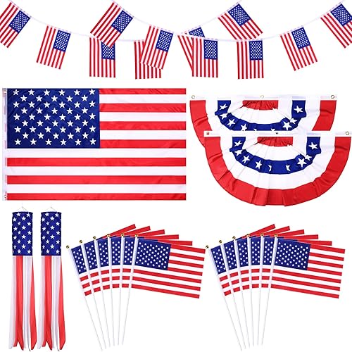 Buryeah Juego de 18 piezas de decoración de fiesta del 4 de julio, suministros de bandera patriótica, estandarte de Estados Unidos, bandera plisada