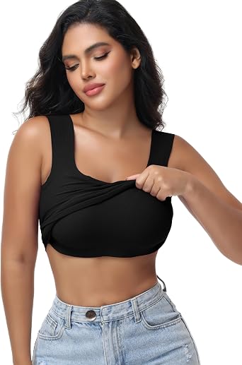Womens Built-in Bra Tank Top Ribbed Slim Fit Summer Wirefree Shelf Padded Tank Shirts Wide-Strap Square Neck Black