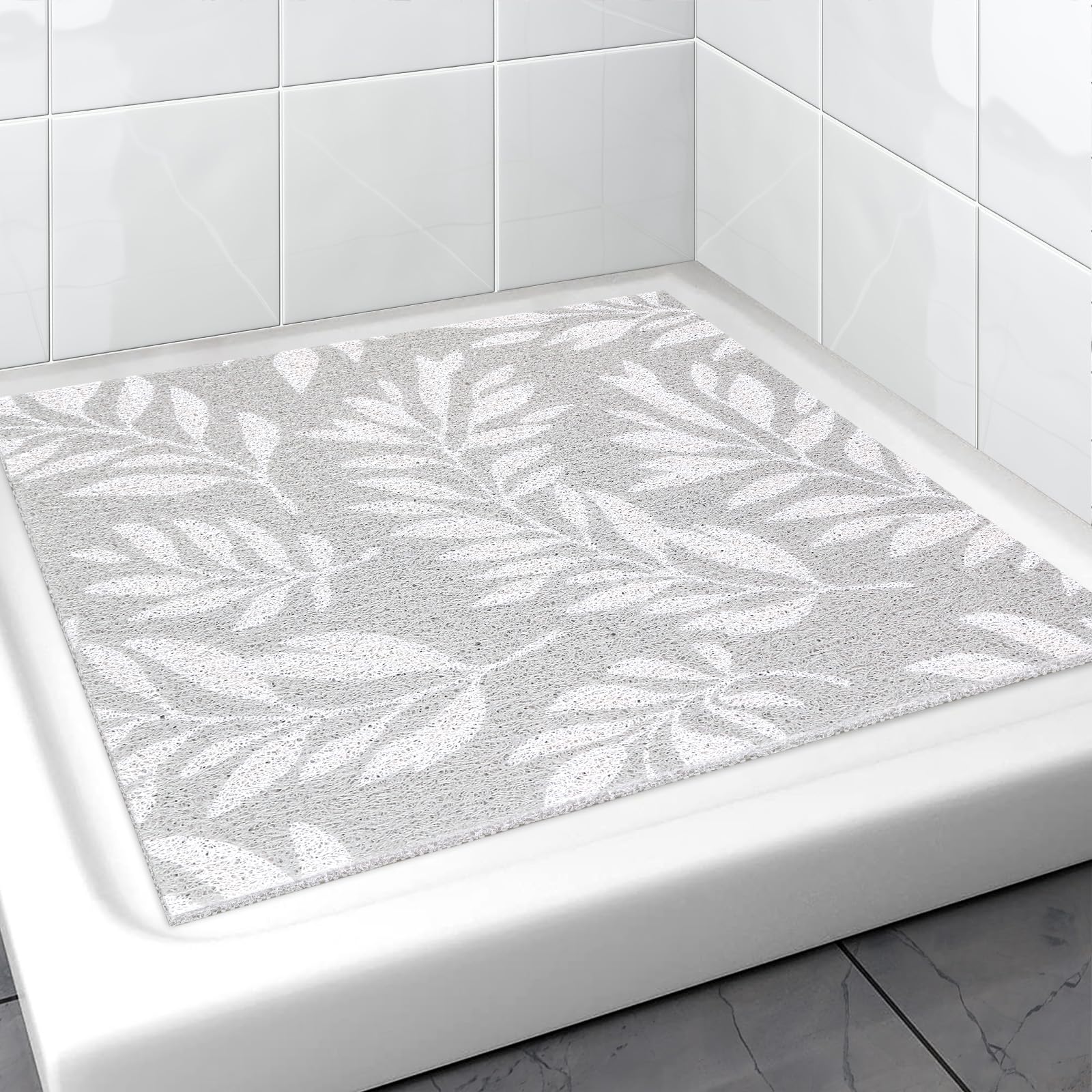 Tapis de douche antidérapant 80 x 80 cm, en PVC, uffa avec trous de drainage, doux, confortable, sécurité, séchage rapide, feuilles grises, 80 x 80 cm (carré)