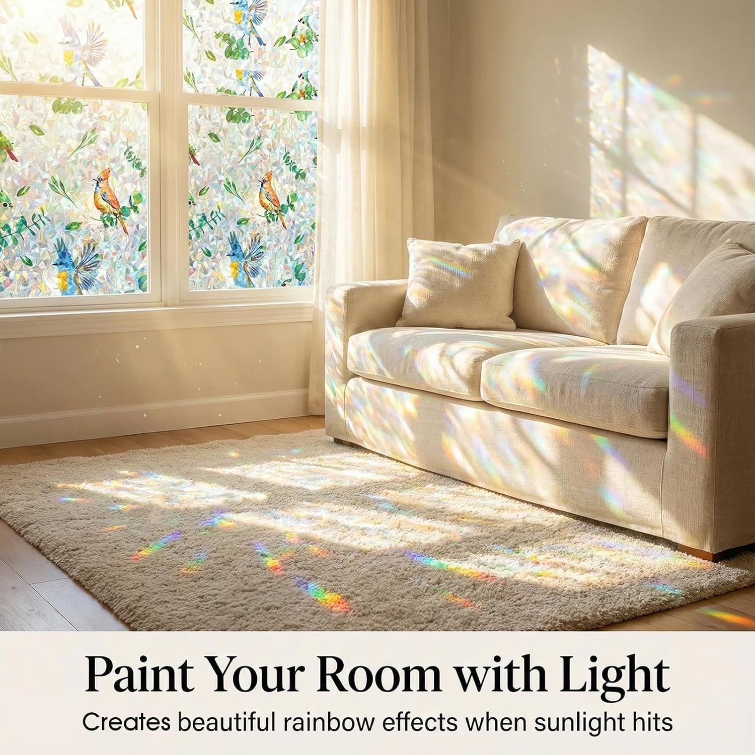 Stained Glass Privacy Window Film, Rainbow Bird & Leaf Static Cling Decorative Film for Kitchen, Bathroom & Home, Day & Night Privacy, No Glue Renter Friendly, Includes Free Squeegee, 35.4"W x 78.7"H