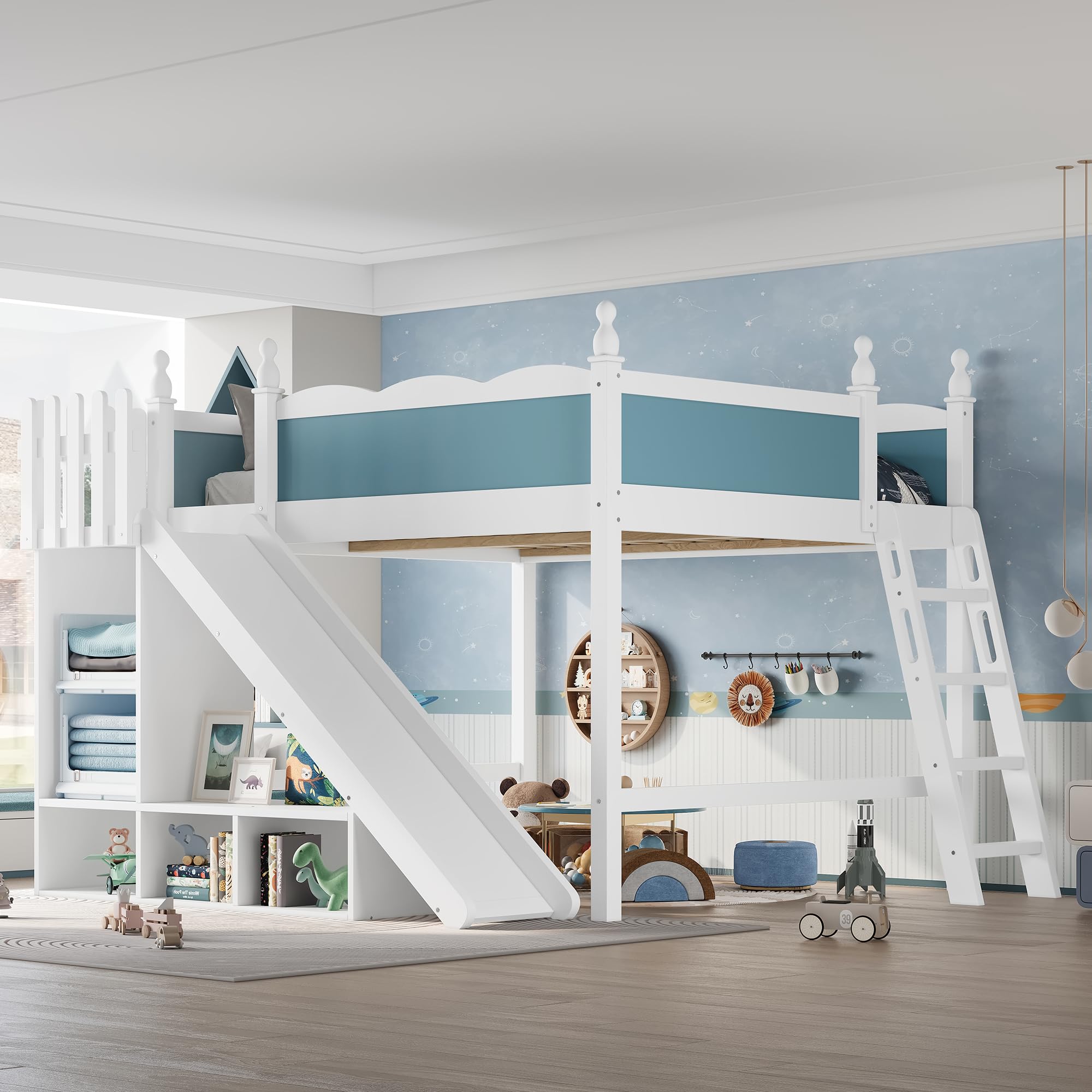 Queen Size Loft Bed with Storage Shelves, Cabinet &amp; Detachable Slide and Ladders, Solid Wood Kids Loft Bed for Space-Saving, Playful &amp; Organized Bedroom (Blue+Light White1, Queen)