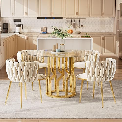 Miniatura 4 de Mesa de comedor redonda de vidrio de 39 pulgadas para 4: mesa de cocina circular de vidrio con patas de acero, mesa de comedor moderna para comedor,