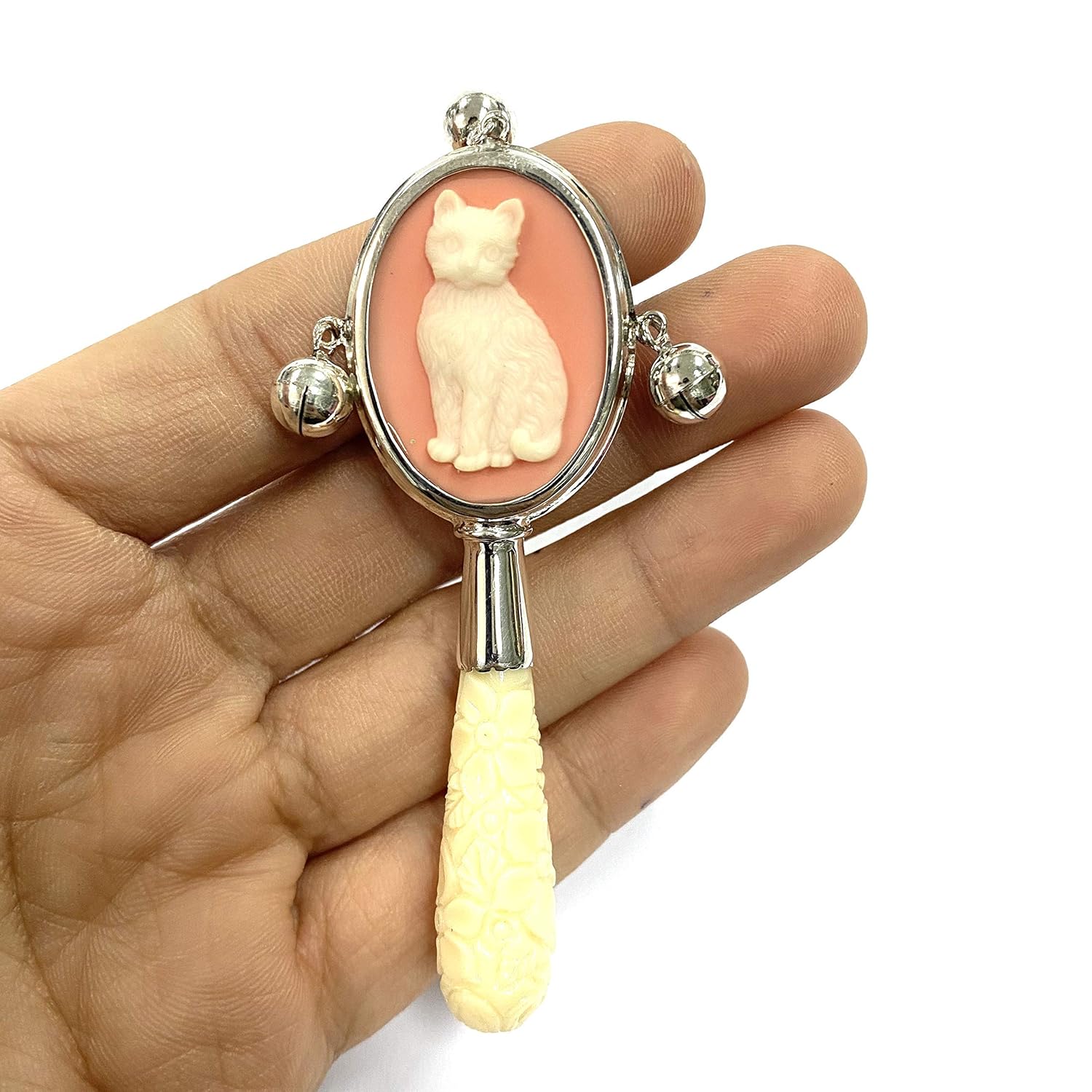 Victorian Style Cat or Kitten Pink Cameo Baby Rattle with Carved Resin Handle