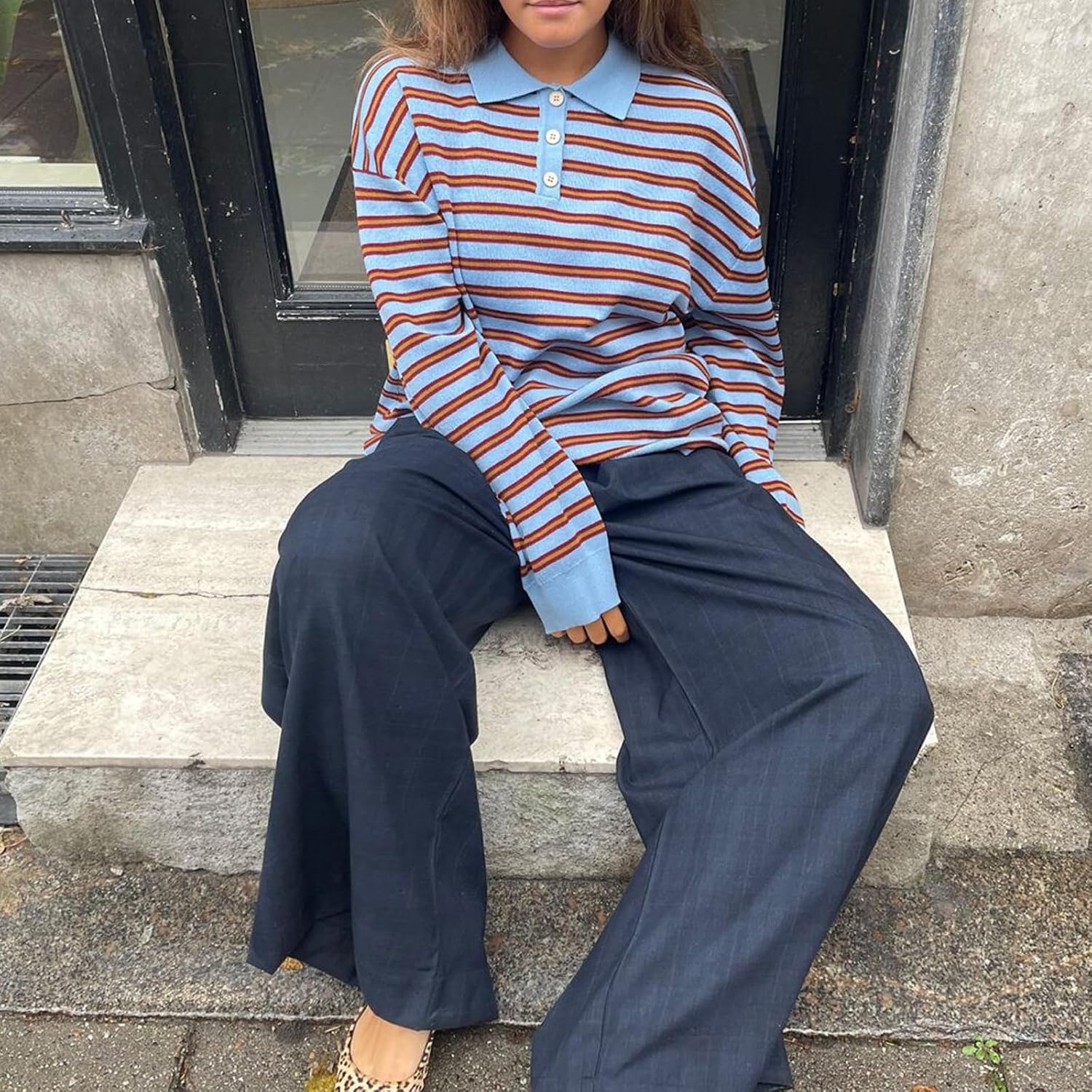 Women Rugby Polo Shirt Oversized Long Sleeve Striped Collared Streetwear Tops Preppy Pullover Blouse