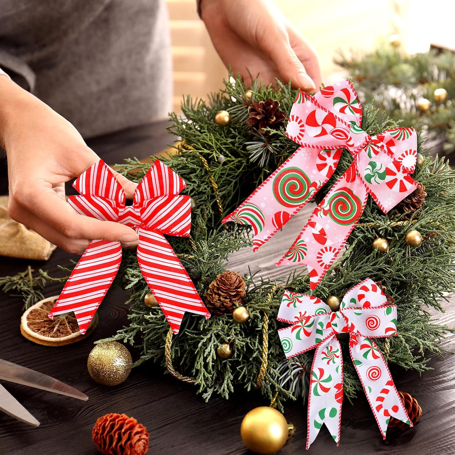 Yingzhao 6 Rolls 30 Yards Christmas Candy Peppermint Wired Edge Ribbon Burlap Red Green Candy Cane Fabric Craft Ribbon for Christmas Tree Decoration Gift Wrapping Wreaths