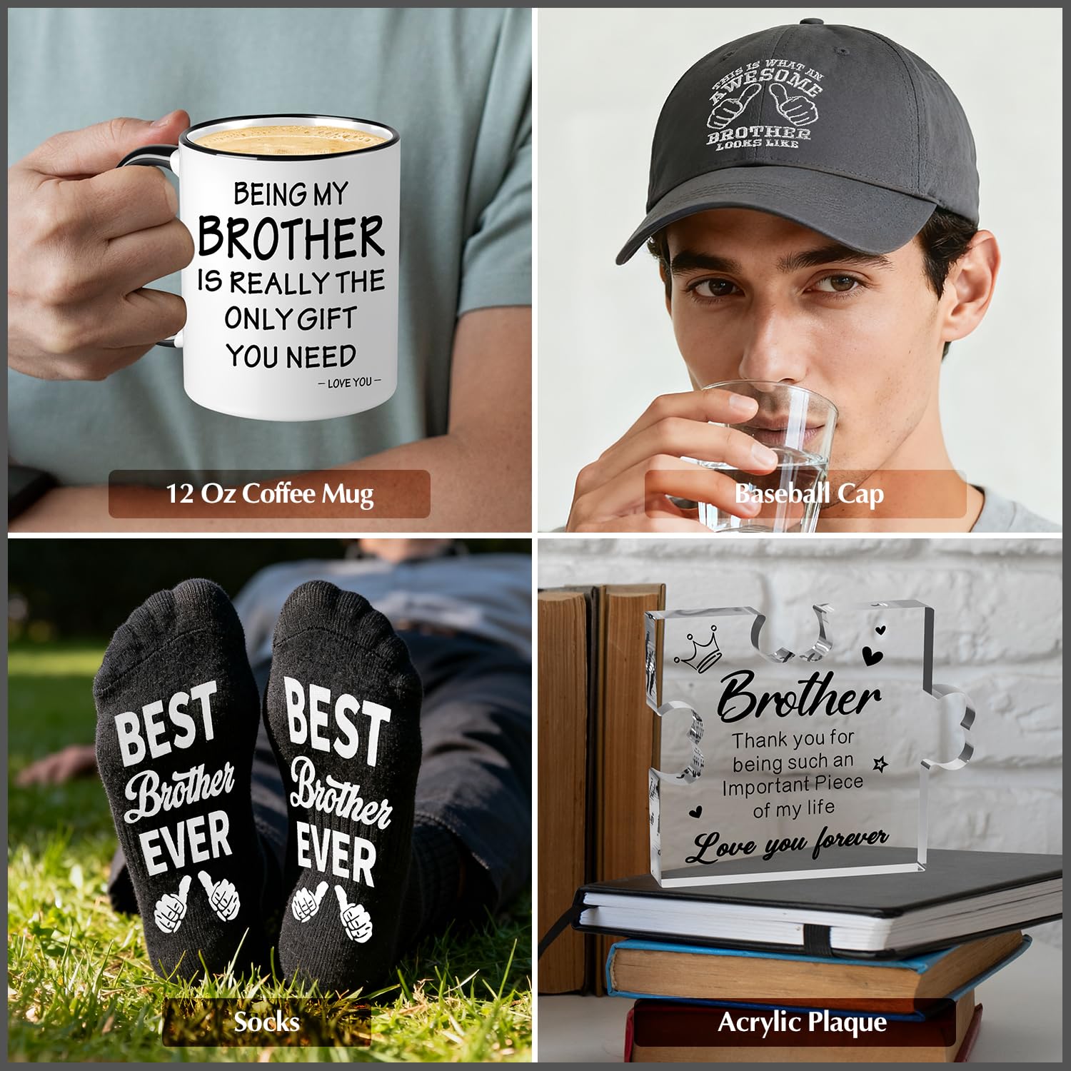 11 PCS Brother Gifts from Sister Brother with 11 Oz Coffee Mug Journal Cap Socks Acrylic Plaque Bracelet Keychain Pen, Birthday Christmas Christian Gift for Brother in Law, Son, Nephew, Grandson