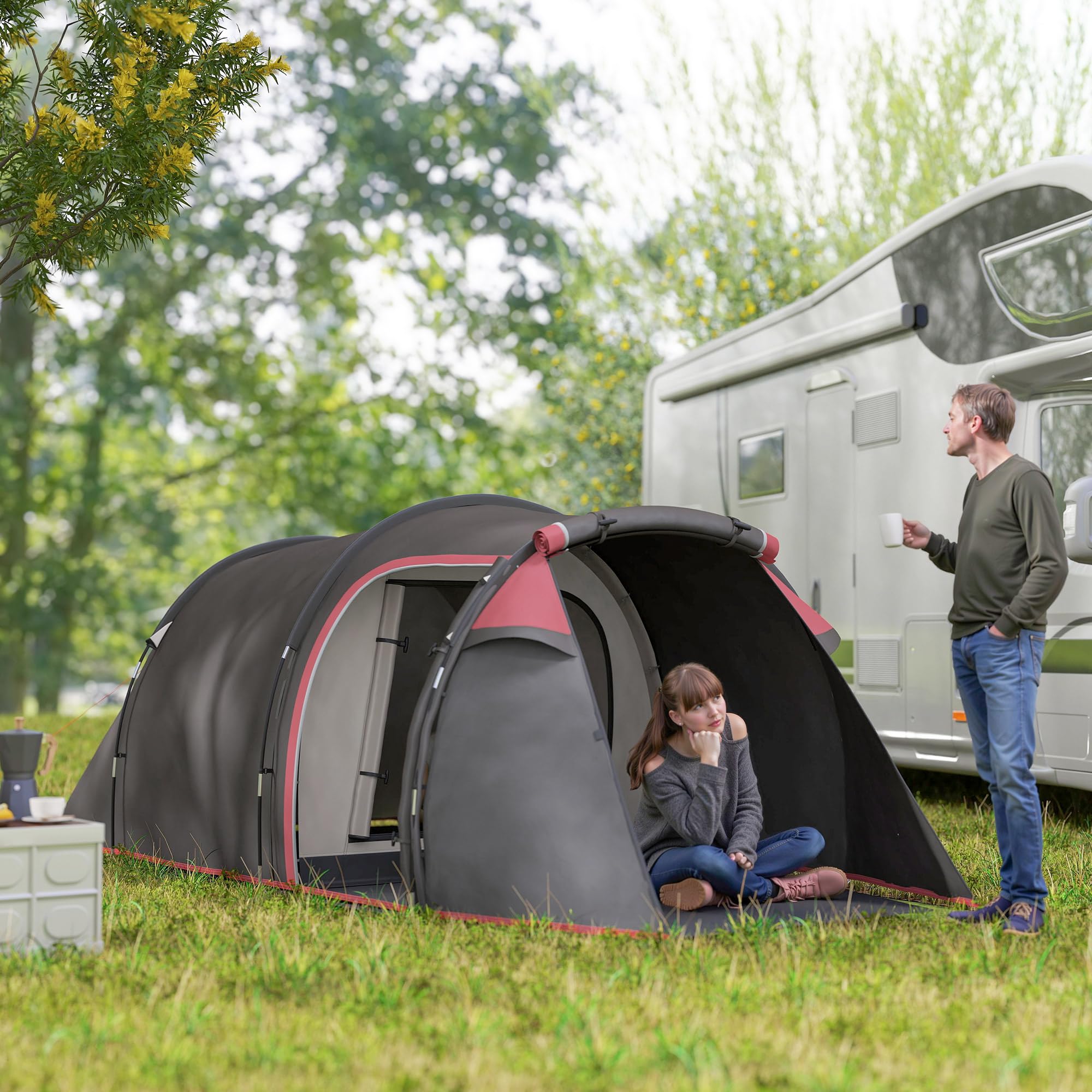 Outsunny Tienda de Campaña Familiar Tipo Túnel 2-3 Personas Plegable Impermeable 2000+ mm a Prueba de UV 20+ Ligero con Vestíbulo y 4 Estaciones para Camping Senderismo 426x206x154 cm