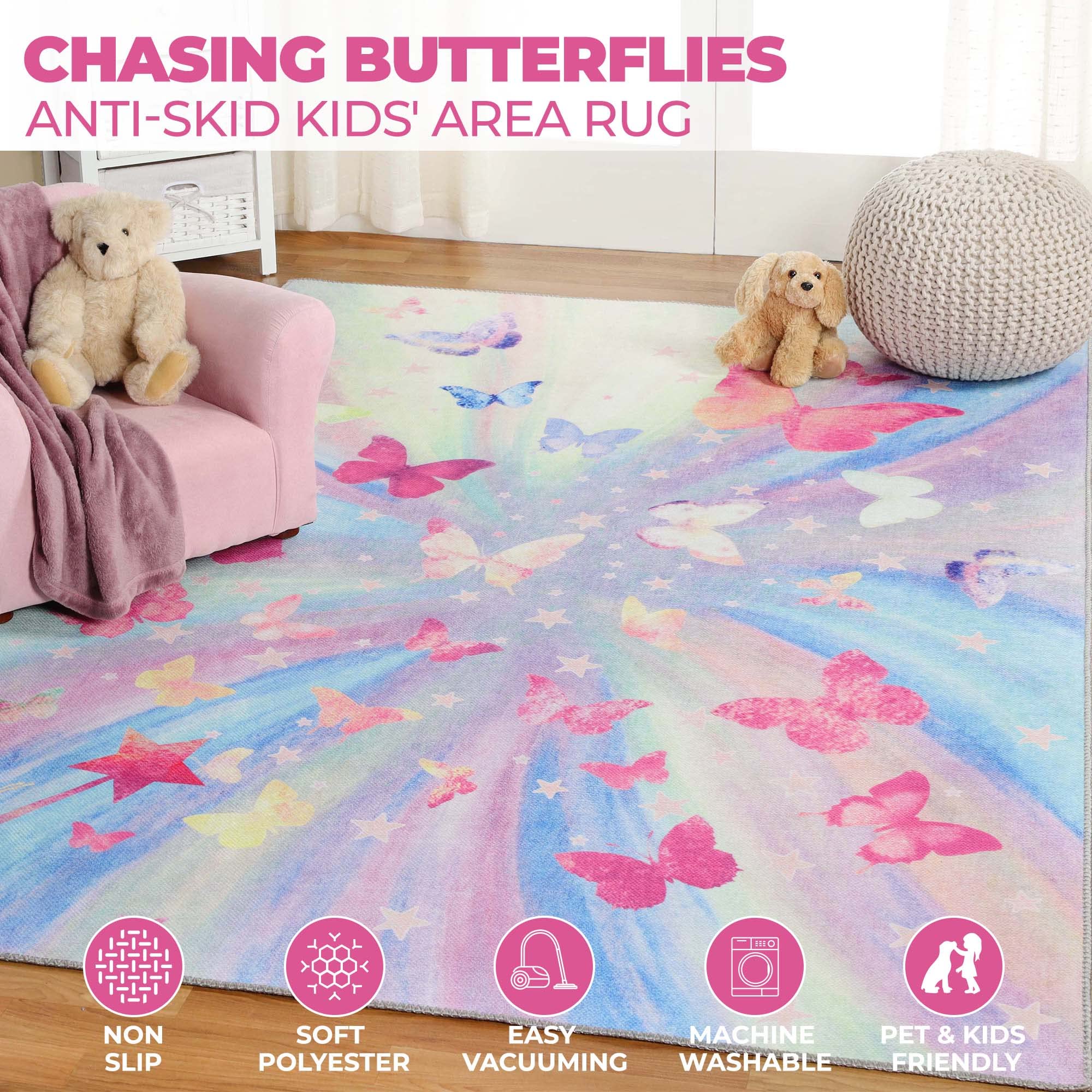 SUPERIOR Kids Indoor Area Rug, Butterfly Floor Decor for Nursery, Kids Bedrooms, Play Room Decorations, Soft, Washable Rugs, Colorful Throw, Cute Bedroom Accessories, 4' x 6', Magenta
