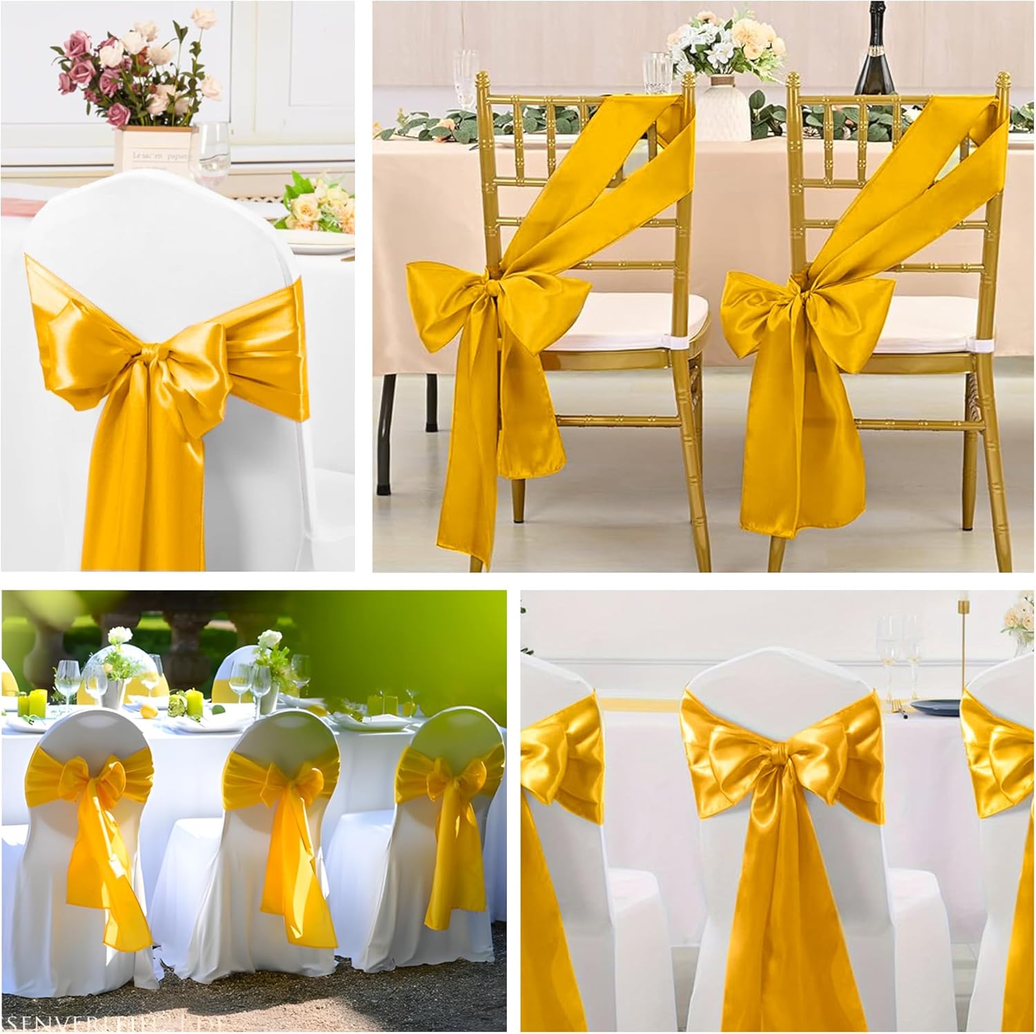 Satin Chair Sashes Bows 50 pcs Chair Ribbon Sashes for Wedding Party Reception Events Banquets Hotel Event Chairs Decoration（Gold 7x108 inch）