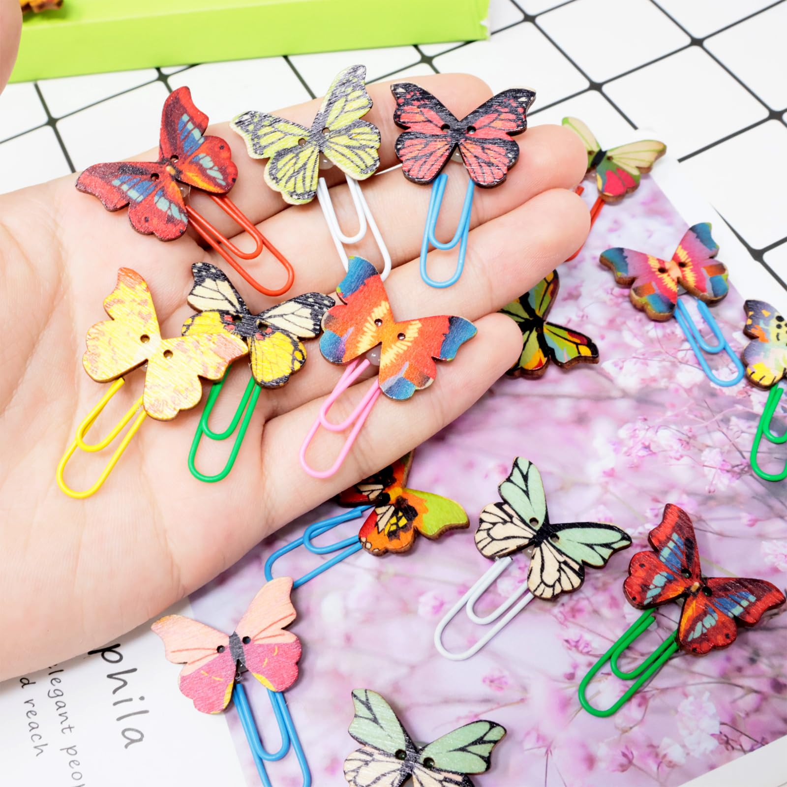 54 PCS Cute Butterfly Paper Clip,Cute Binder Clips,Wood File...
