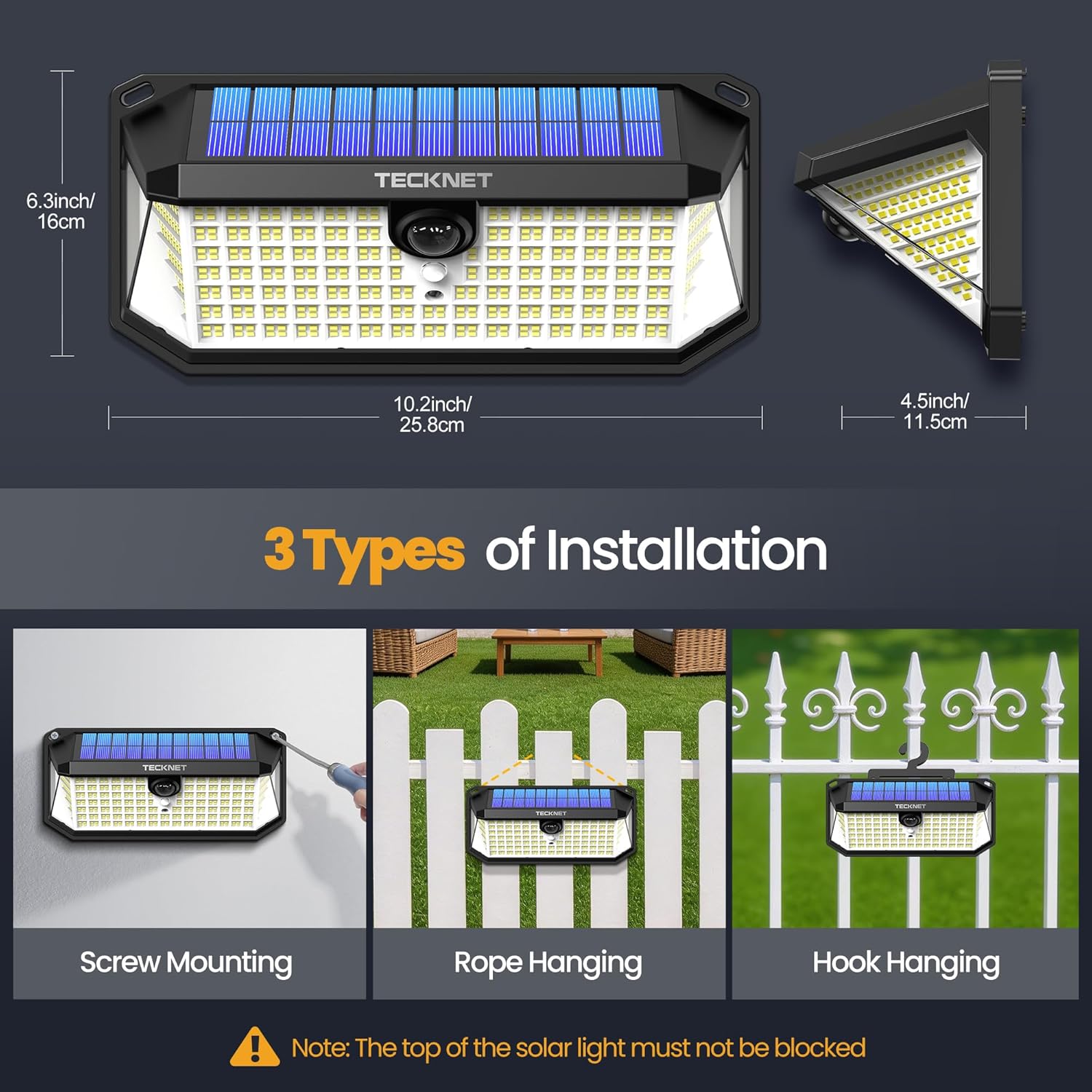 TECKNET 546 LED Motion Sensor Outdoor Lights with Remote Control & Hook,7500LM Solar Lights Outdoor with 2200mAh & IP66 Waterproof, 300° Angle & 3 Modes, Solar Lights for Patio Fence Garage 2 Pack