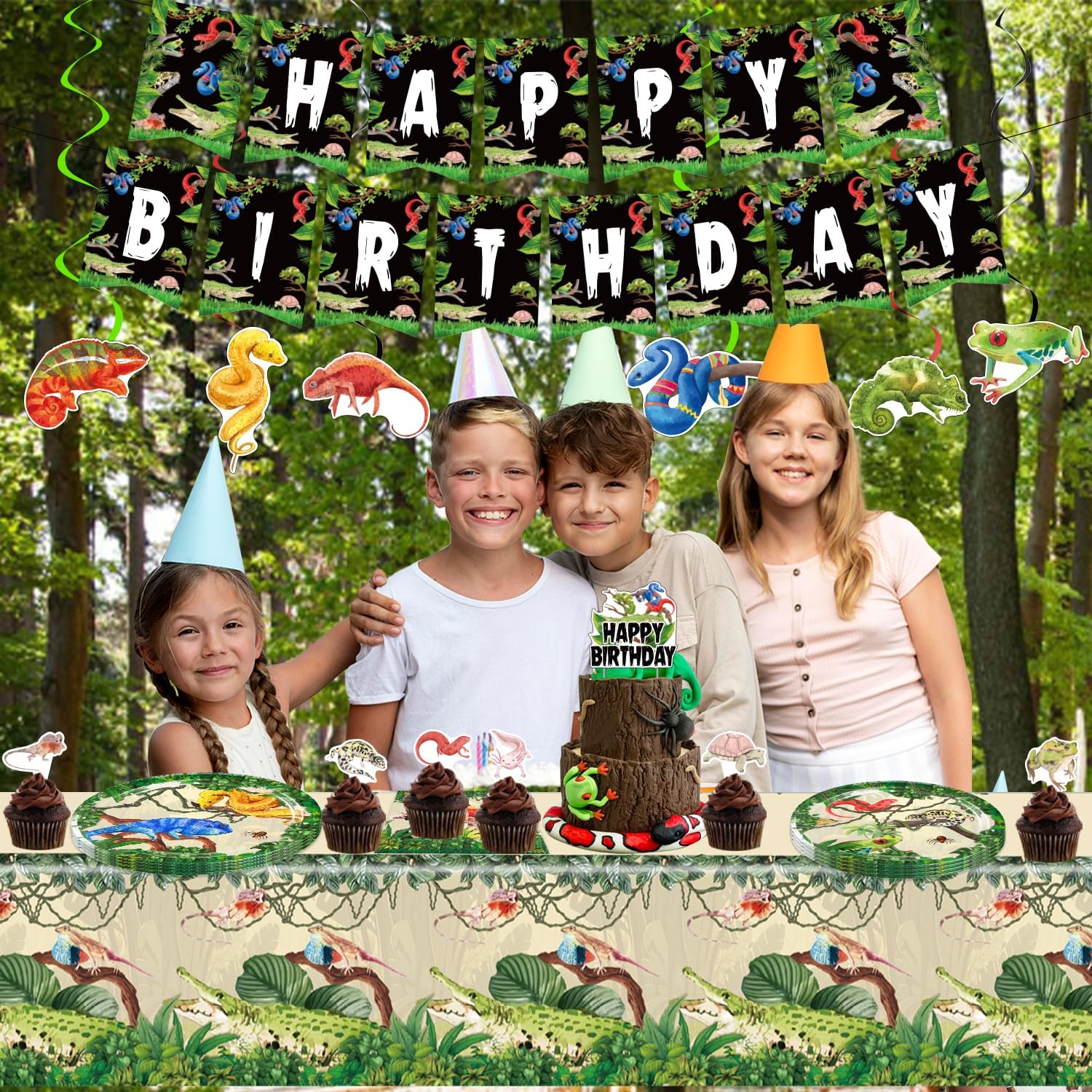 Reptile Birthday Party Decorations - 120PCS Snake Party Decorations for 20 Guests with Banner, Balloons, Hanging Swirls, Plates, Napkins, Forks, Tablecloths, Cake Topper, Cupcake Toppers - Image 6