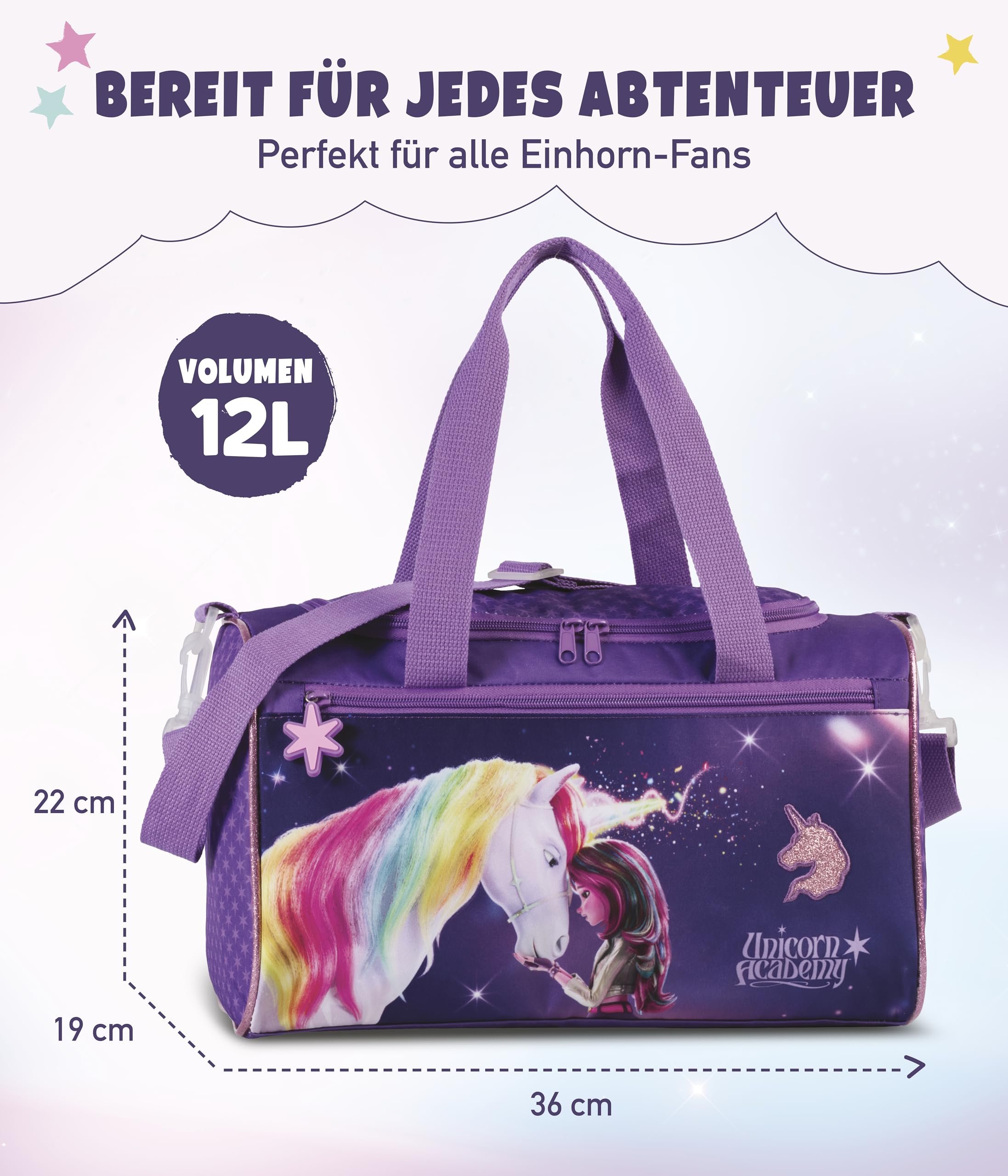 Unicorn Academy Borsa sportiva da bambina, 12 l, con scomparto principale con cerniera e tasca anteriore, tracolla regolabile e 2 manici, design unicorno viola, 22 x 36 x 19 cm, 320 g, borsa leggera