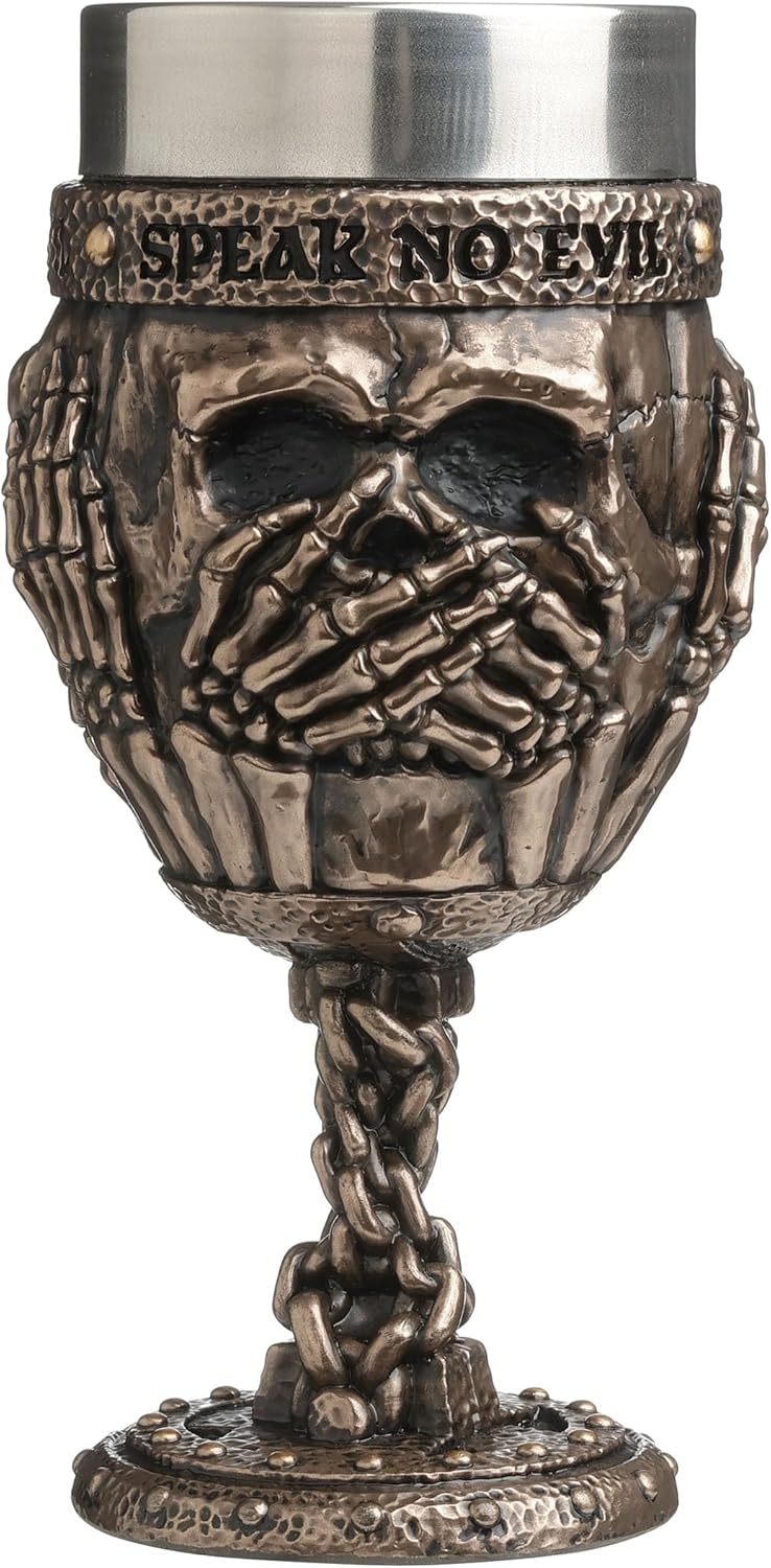 Veronese Design 7 Inch Hear No Evil See No Evil Speak No Evil Chained Skull Chalice Cold Cast Resin Bronze Finish Chalice Goblet