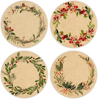 Whaline 500 Pcs Christmas Kraft Label Stickers Roll Holly Berry Wreath Tag Stickers Watercolor Xmas Self-Adhesive Decals for Winter Holiday Invitation Envelope Decor, 4 Designs
