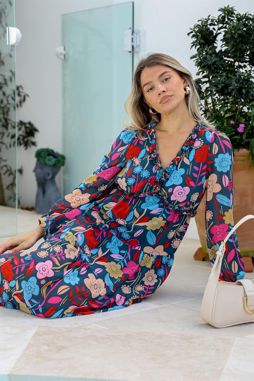 BLENCOT Womens Casual Boho Floral Printed V Neck Long Sleeve Long Maxi Dress Spring Summer Dresses - Image 4