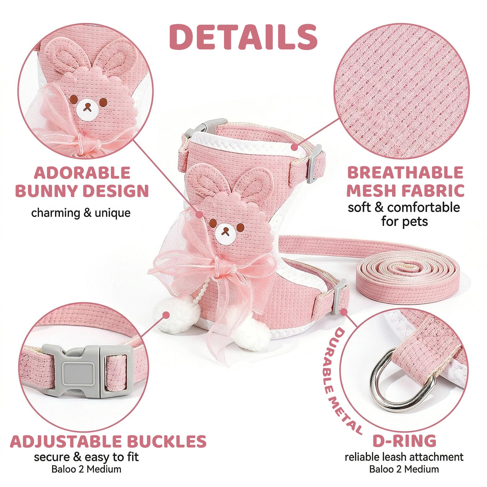 Harnais Lapin Nain avec Laisse Réglable Respirant (1-3 kg)