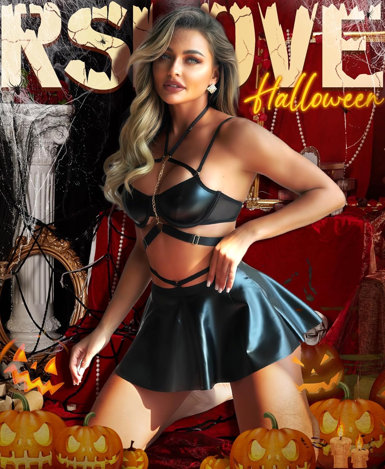 RSLOVE Faux Leather Lingerie for Women - Sexy Strappy Lingerie Set with Push Up Bra Choker Mini Skirt and Thong - Image 2