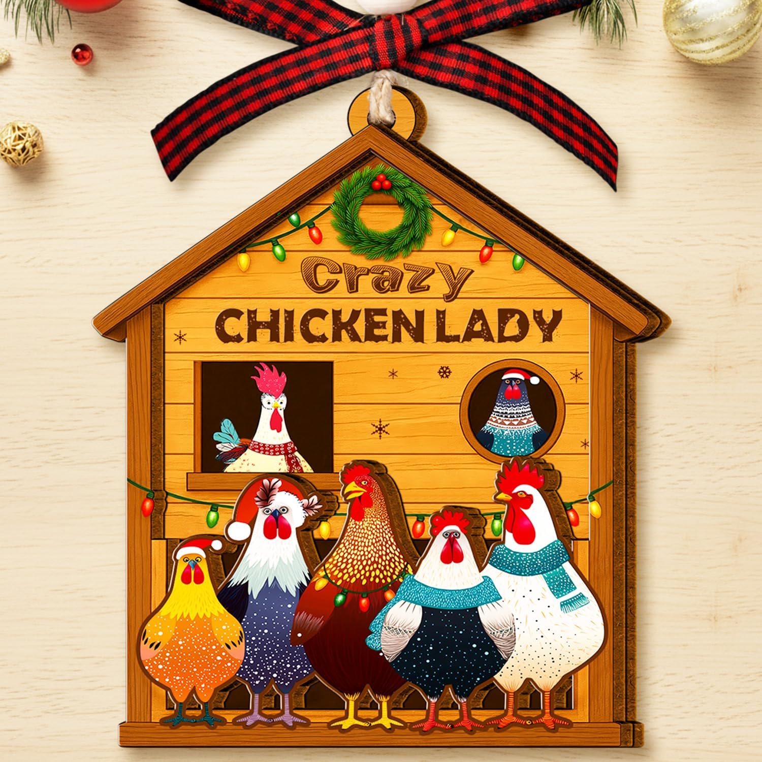 Chicken Christmas Ornaments - Farm Animal Christmas Ornaments - Chicken Ornaments for Christmas Tree - Crazy Chicken Lady Gifts for Women Chick Hen Lovers, Farmer - Wood Farmhouse Ornament