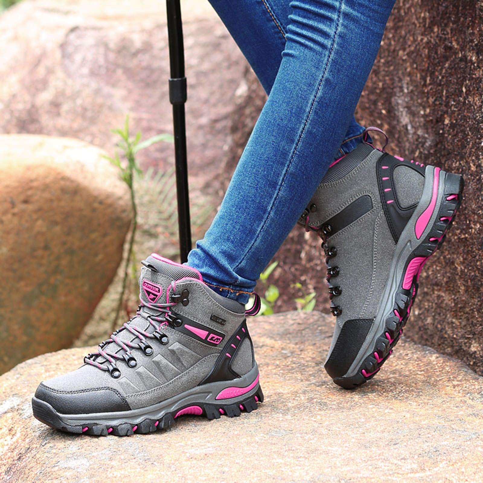 Chaussures de randonnée imperméables pour femme - Coupe large - Base épaisse - Confortables - Antidérapantes - Légères - Chaussures de marche pour sports de plein air
