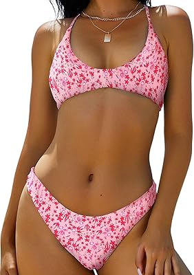 ZAFUL Women's Tie Back Padded High Cut Bralette Bikini Set Two Piece Swimsuit