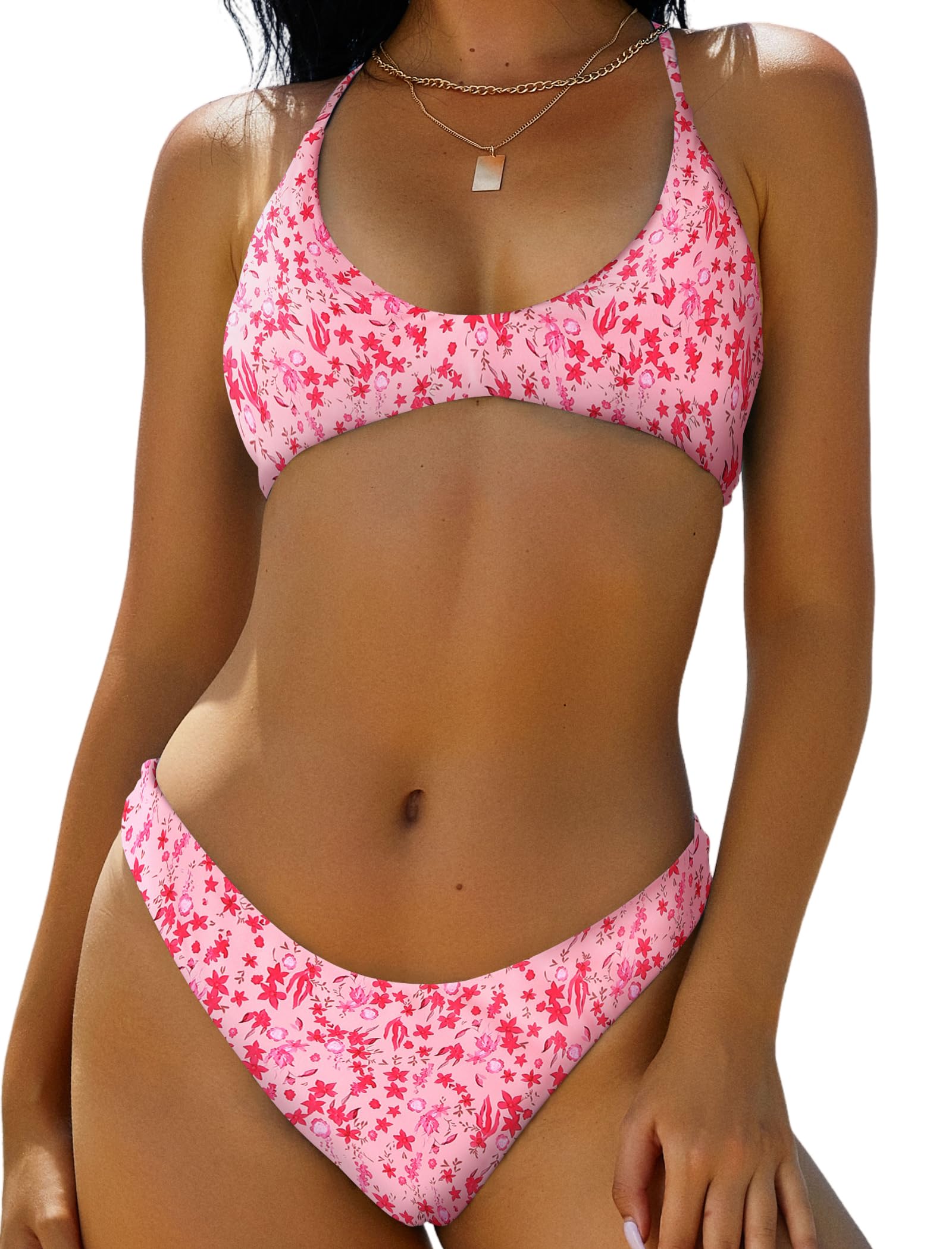 ZAFUL Women's Tie Back Padded High Cut Bralette Bikini Set 2 Piece Swimsuit