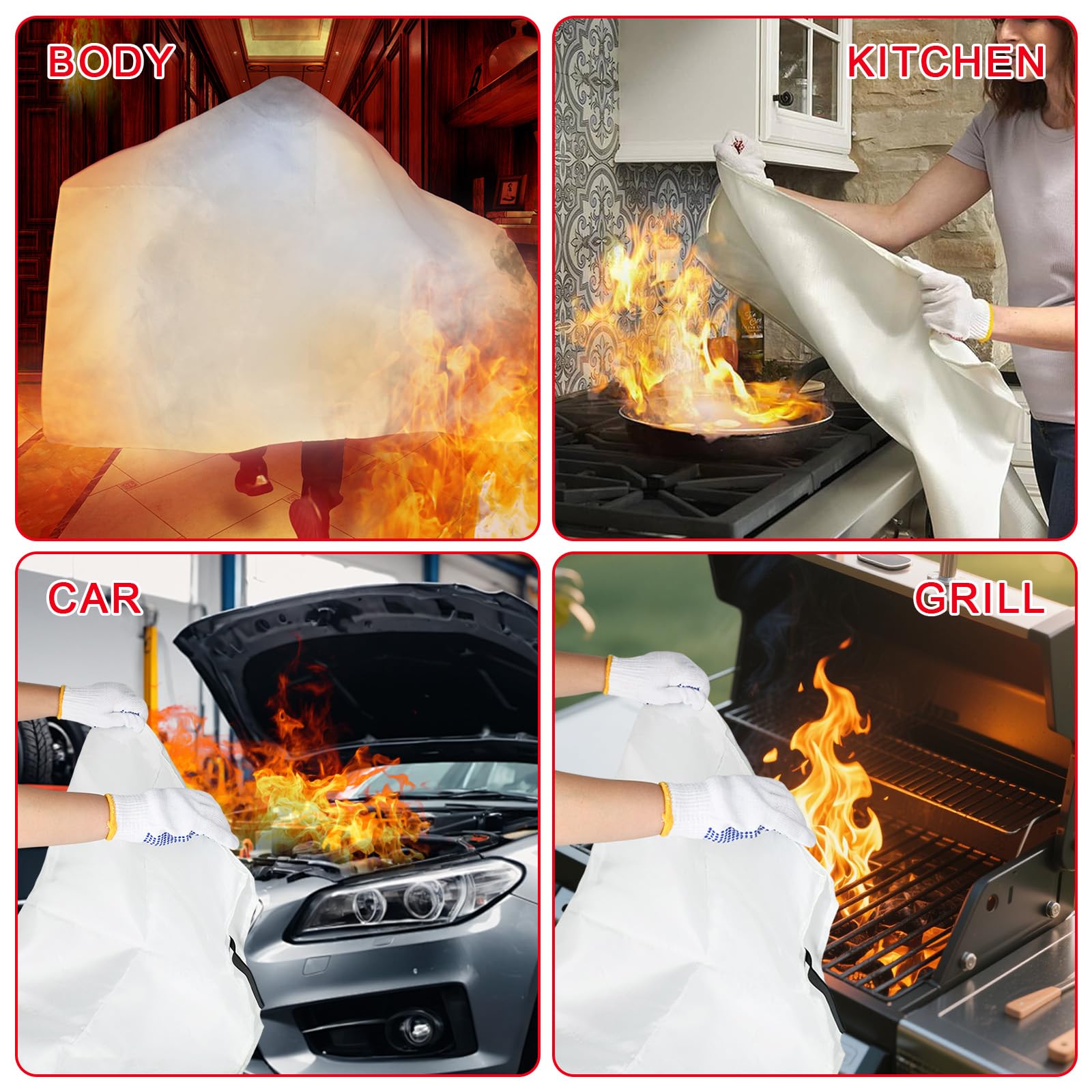 4 Pièces Couverture d'urgence Ignifugée, Couvertures Anti-Feu Ignifuge pour Maison Cuisine, 100x100CM Couverture D'Incendie de Secours de Fibre de Verre pour Bureau Camping Fourneau Garage