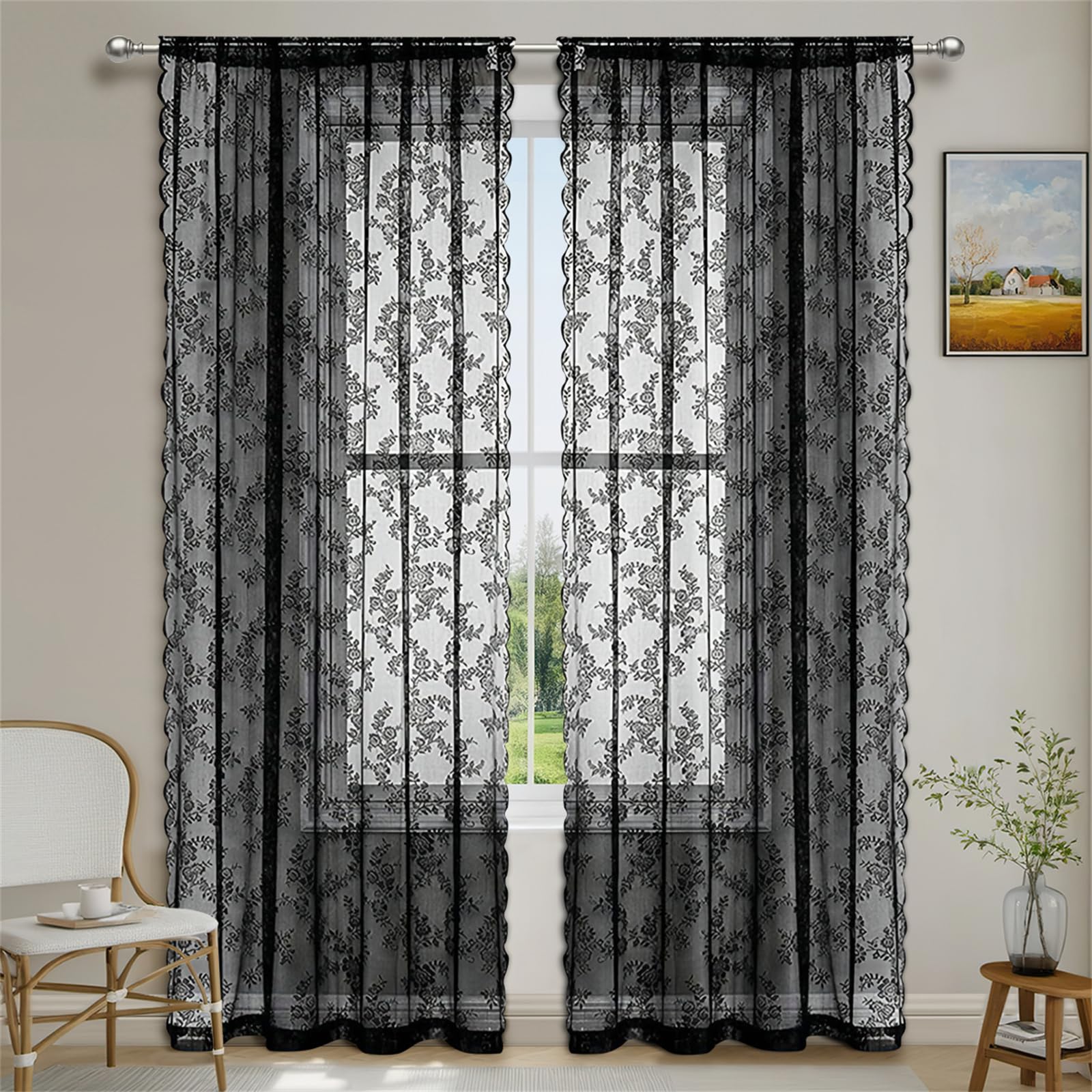 Surwin Curtains for Bedroom, Lace Solid Color 2 Panels Voile Curtain, Semi Transparent Sheer Curtains, Living Room Balcony Home Decorative Net Curtains for Windows (Black,150x300cm)