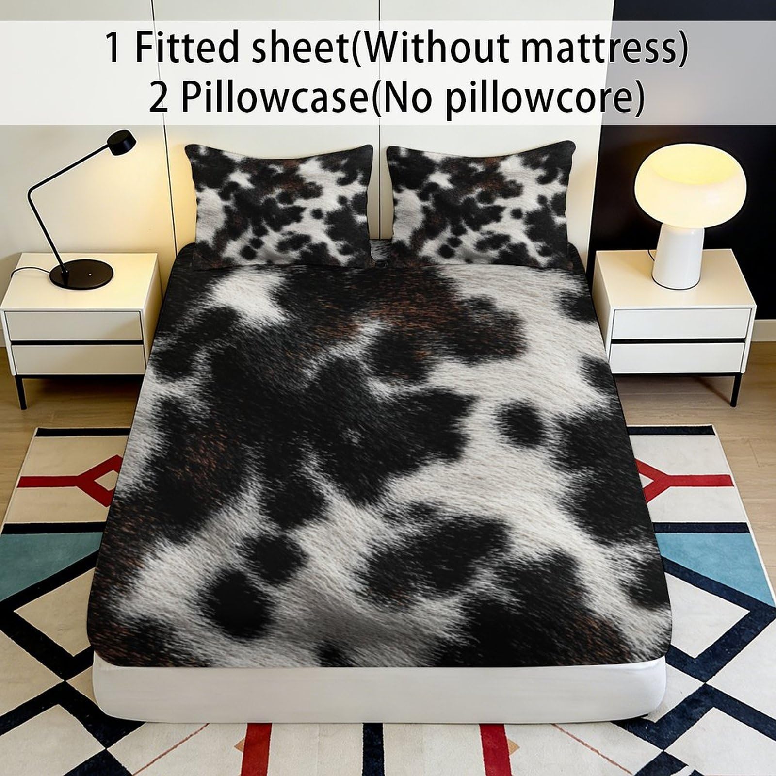 Lenzuolo con angoli con stampa 3D, motivo mucca, in microfibra, antiscivolo, per la casa | morbido, coprimaterasso, facile da pulire, per tutto l'anno, lavabile in lavatrice, 200 x 200 x 25 cm