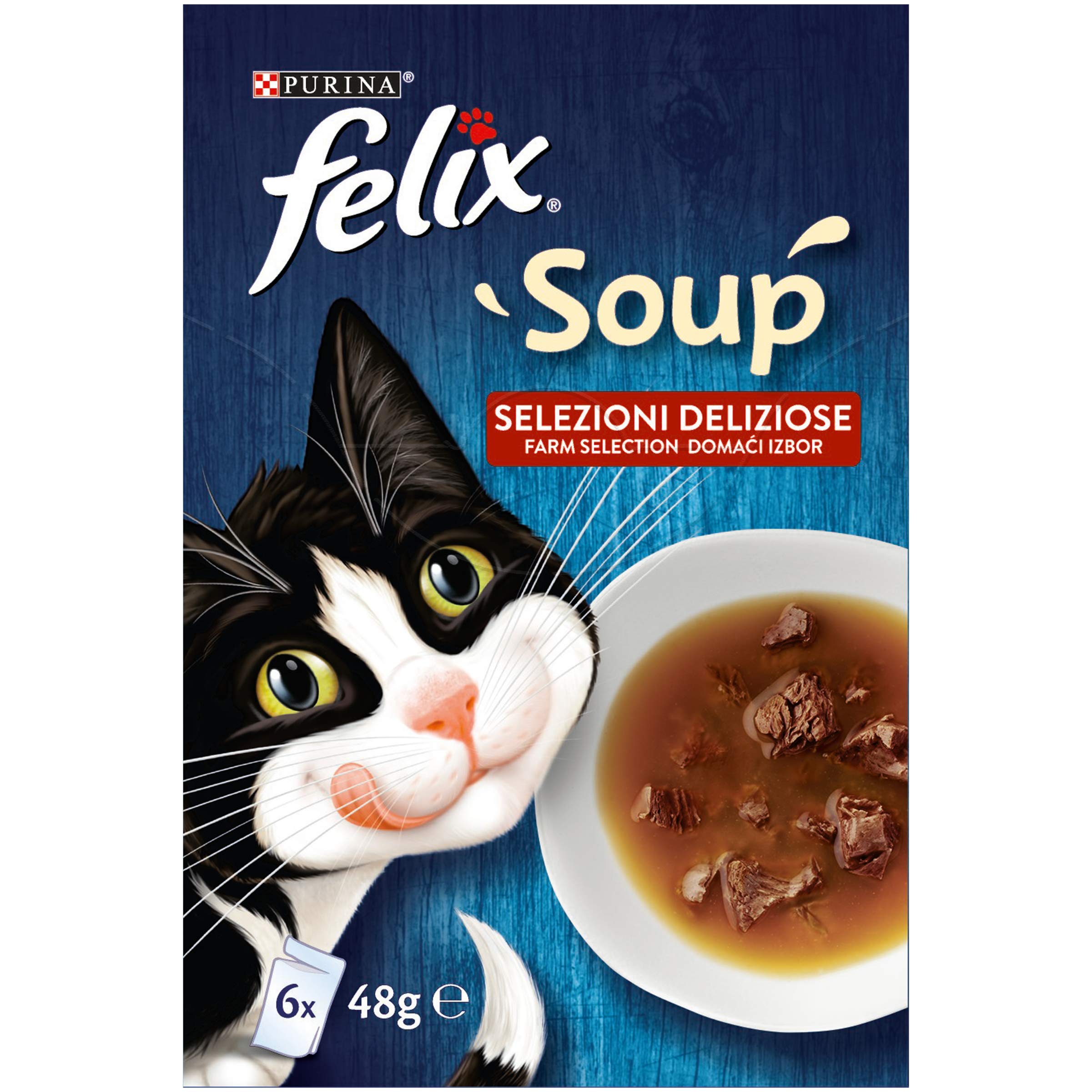 FELIX Soup karma dla dorosłych kotów na mokro pyszne wybory z wołowiną, kurczakiem i jagnięciną, 6 torebek po 48 g