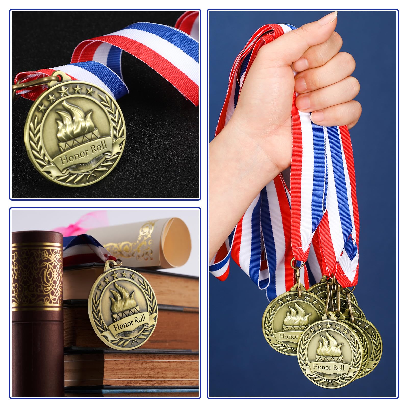 Medallas de premio de honor con cintas para el cuello, 2 pulgadas de metal de bronce, trofeo 3D, regalo para lectura, participación exitosa, graduación, torneos escolares, honor deportivo