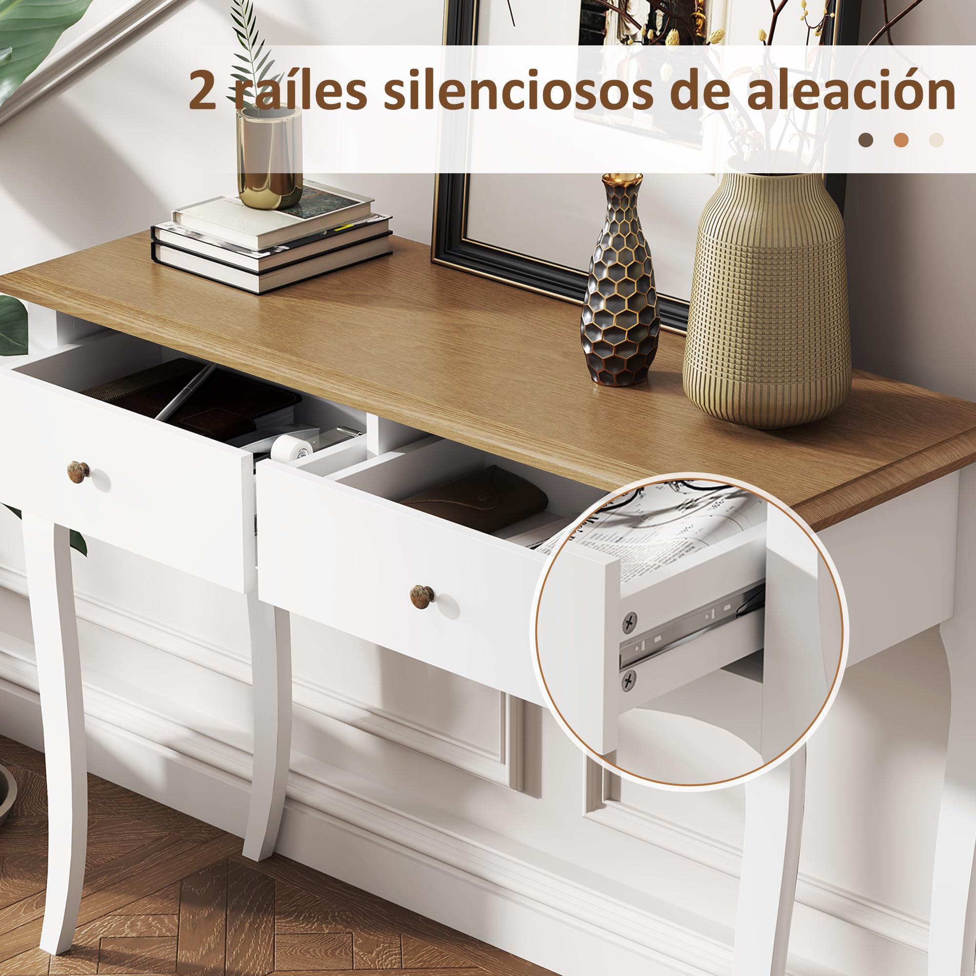 HOMCOM Mesa de Consola con 2 Cajones 100x35x76,5 cm Blanco Marrón Oscuro | Mesa de Entrada, Consola para Recibidor, Estilo Francés, para Pasillo Dormitorio Salón