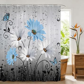 Rustic Blue Floral Shower Curtain, Country Farmhouse Daisy Flowers and Butterfly Shower Curtains for Bathroom, Grey Gray Violet Surreal Floral Boho Bath Curtain with 12PCS Hooks, 70X70IN