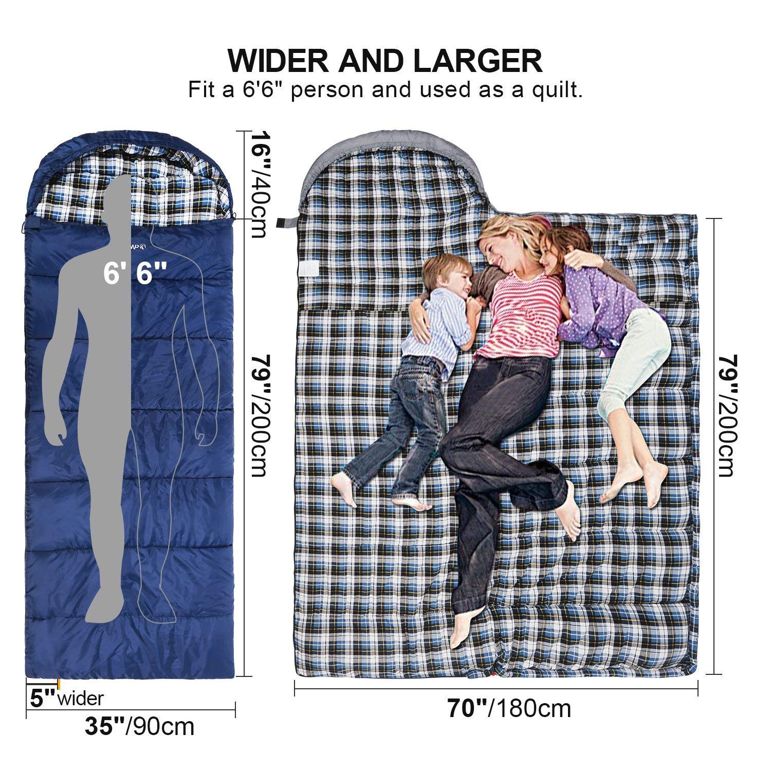 REDCAMP Grand sac de couchage pour adulte, sac de couchage en coton avec capuche pour 3-4 saisons d'hiver froid camping pêche