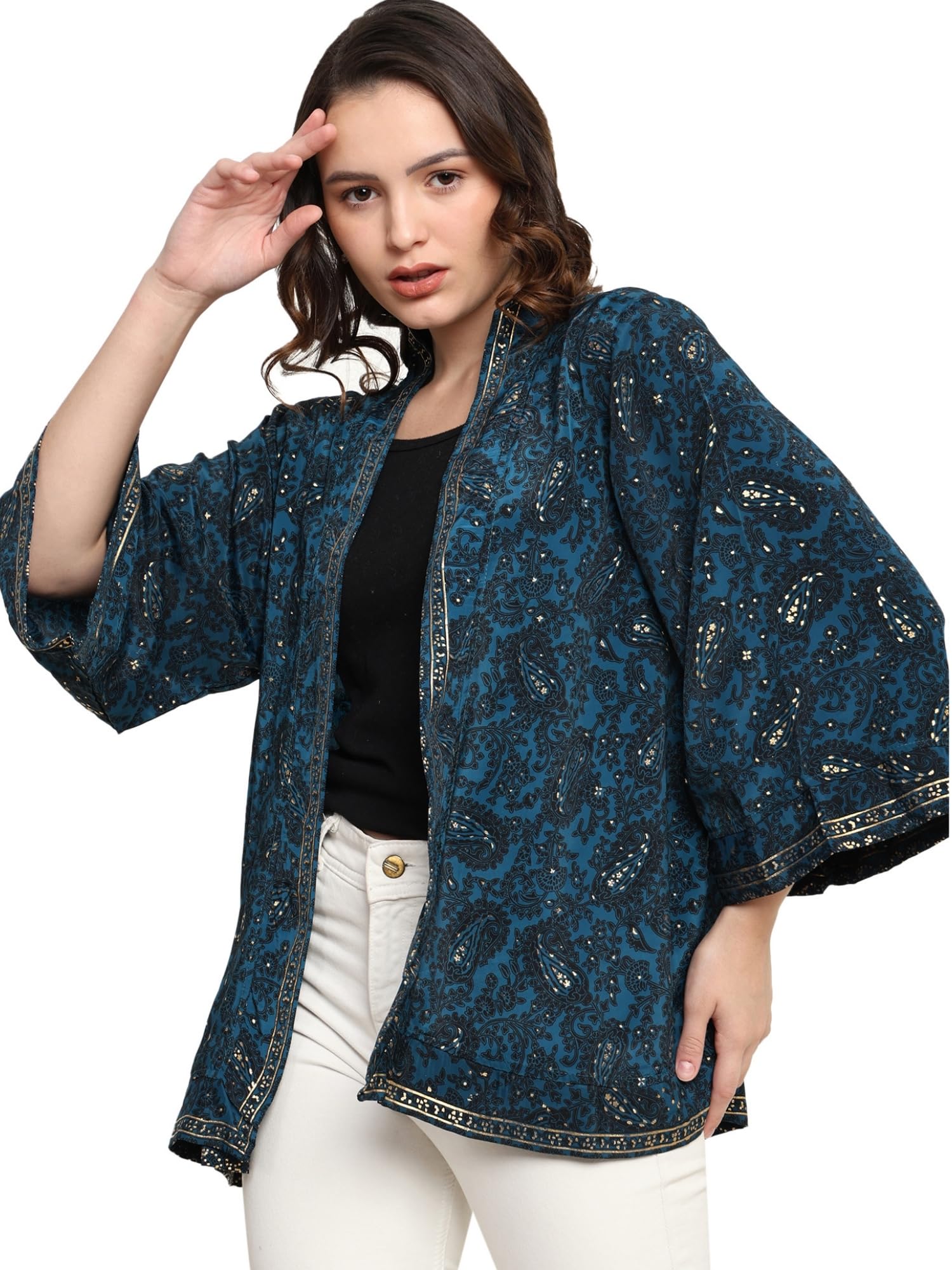 KE KANHA EXPORTS Women Shrug|Shrugs for Women Stylish||Shrug Cardigan|Boho Beach Cover Up|Border Print|Easily fits S-M-L|Bust 30-42 Inches|Length 28 Inches (1147) 3