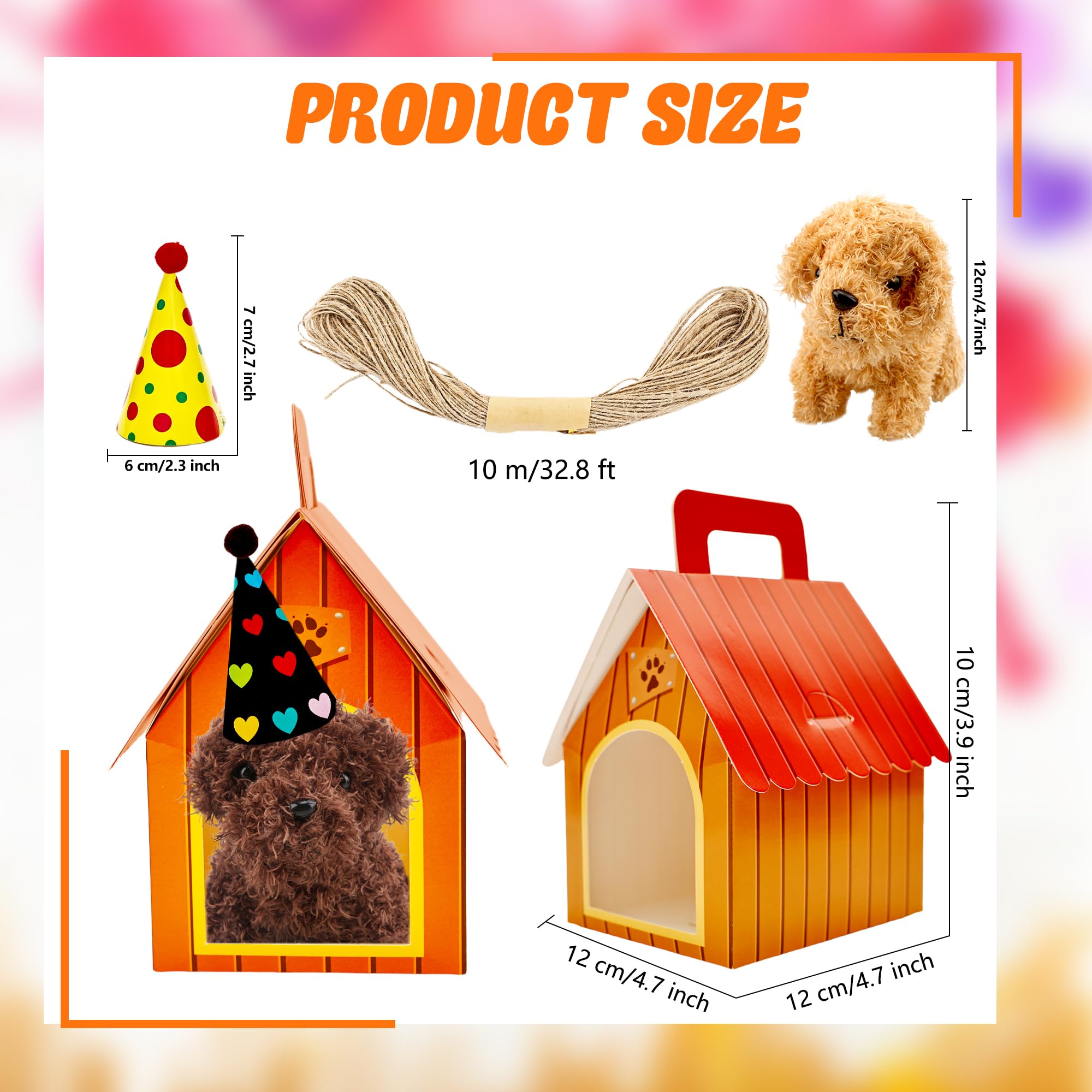 72 piezas de regalos de fiesta de perro de peluche con 24 mini juguetes de peluche de perro de peluche, 24 sombreros de cumpleaños y 24 casas de perro de cartón rojo para adoptar fiesta de