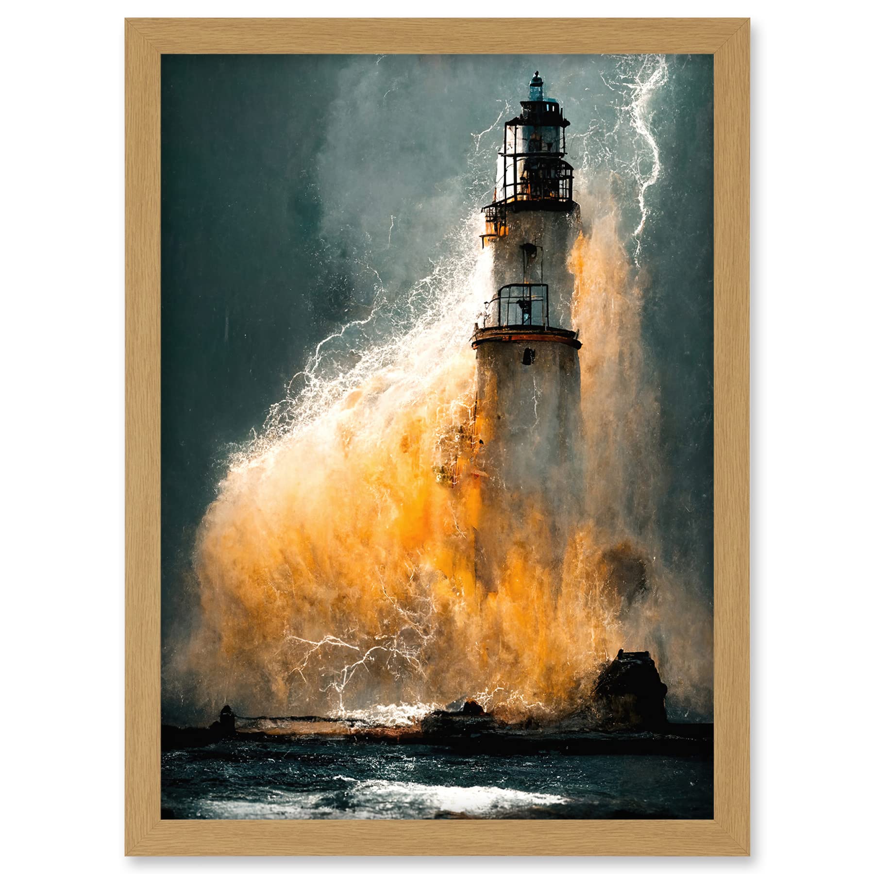 Doppelganger33 LTD Lighthouse Storm French Coastline Lightning Hurricane Artwork Framed A3 Wall Art Print