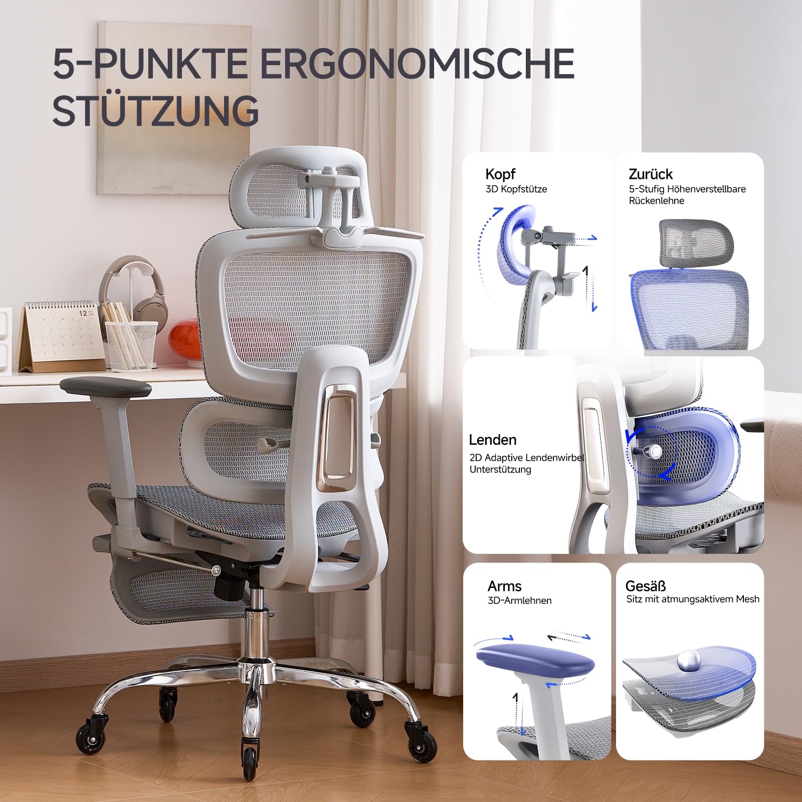 LarkLeaves Ergonomischer Bürostuhl mit Fußstütze & Nackenkissen, 5-Fach Höhenverstellbare Rückenlehne, 2D Lordosenstütze, 3D Armlehnen/Kopfstütze, 145° Neigefunktion, Mesh-Sitz, Gummirollen, Grau