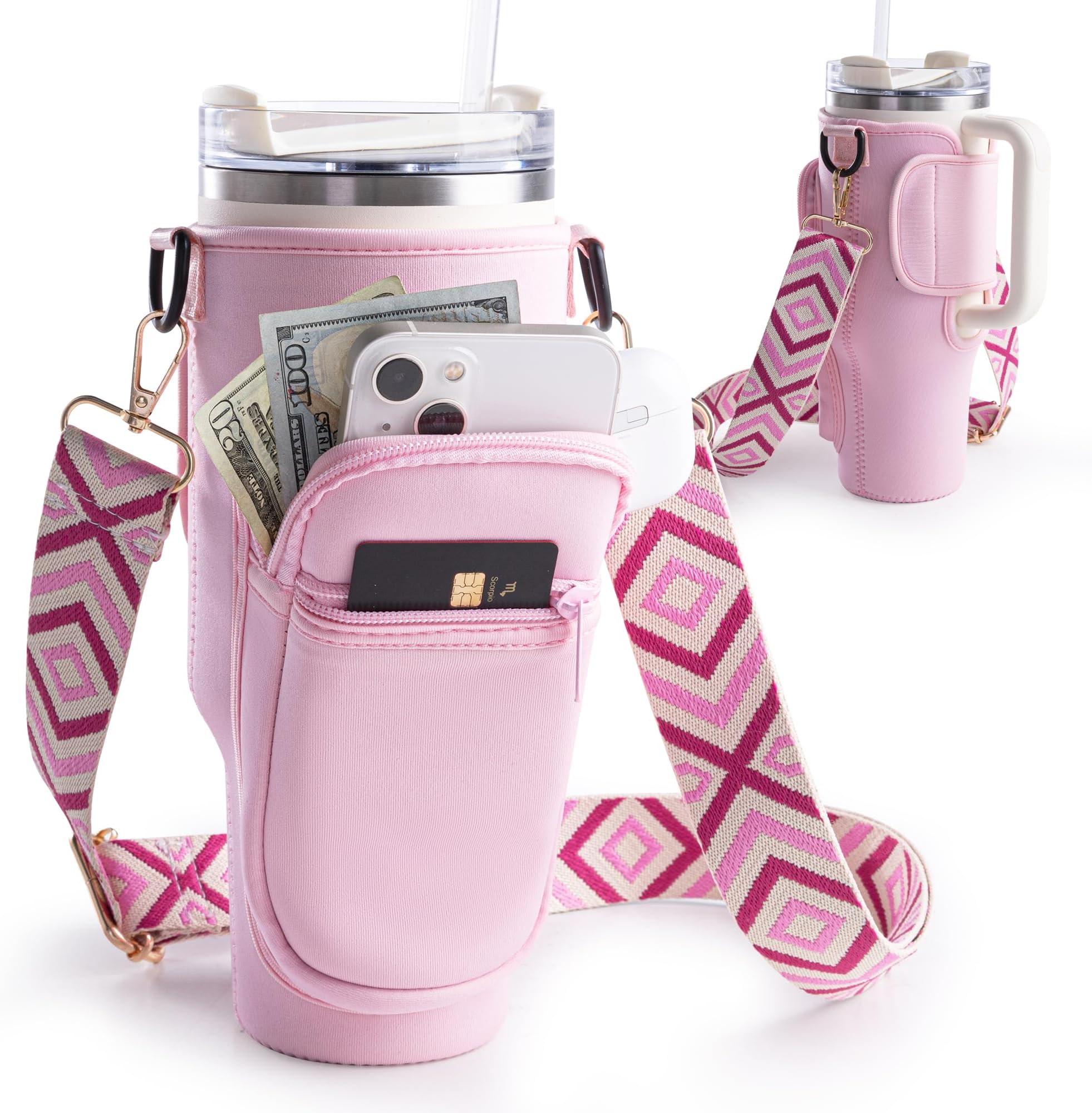 Viva Terry Water Bottle Carrier Bag with Strap and Phone Pocket Modern 40oz 30oz Tumbler Carrier with Strap Fit for Stanley Cup with Handle