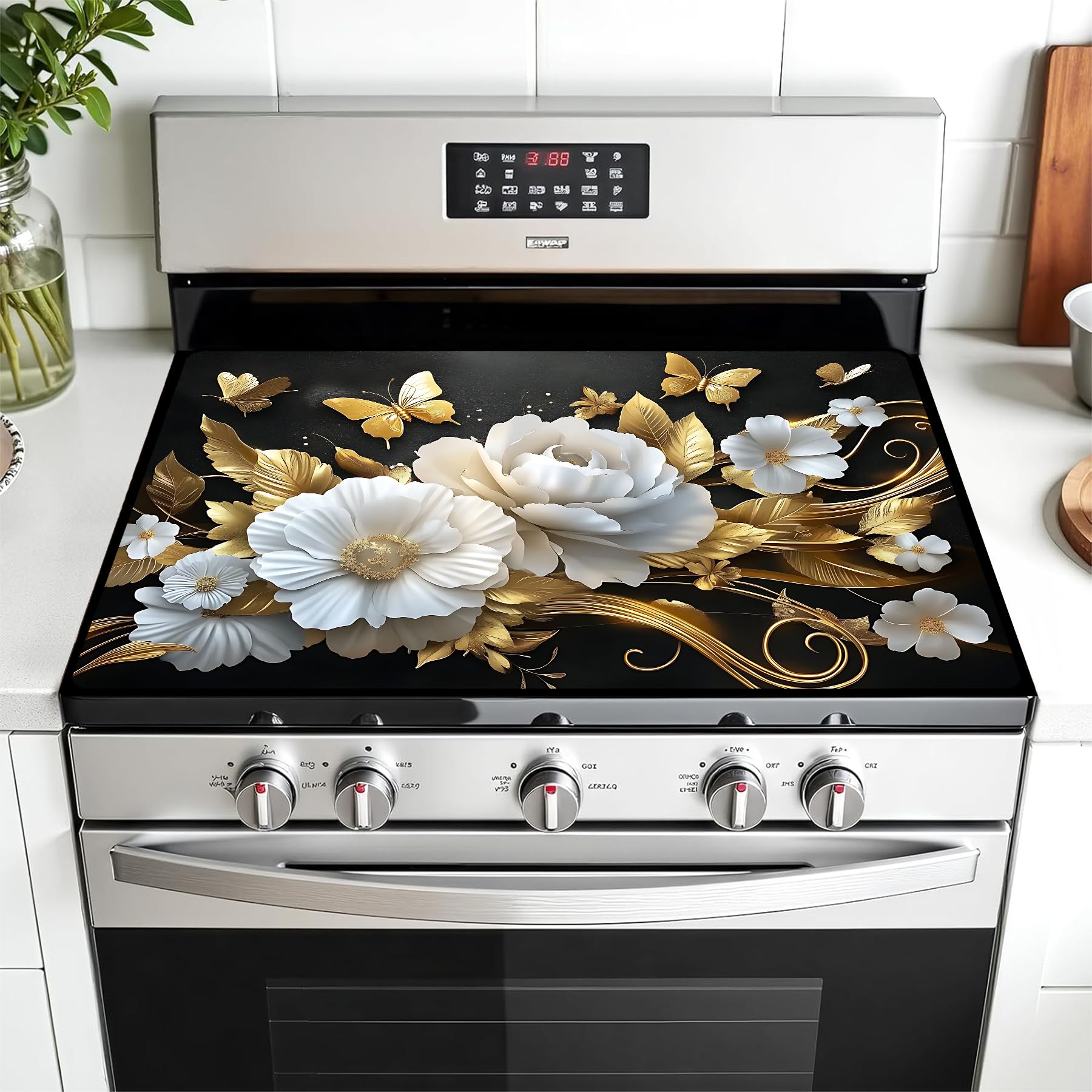 Multi-Design Stove Top Cover for Glass/Electric Stoves - 3-in-1 Heat-Resistant Protector Mat, Non-Slip Drying Rack 28"x20" (Butterfly-Flower)