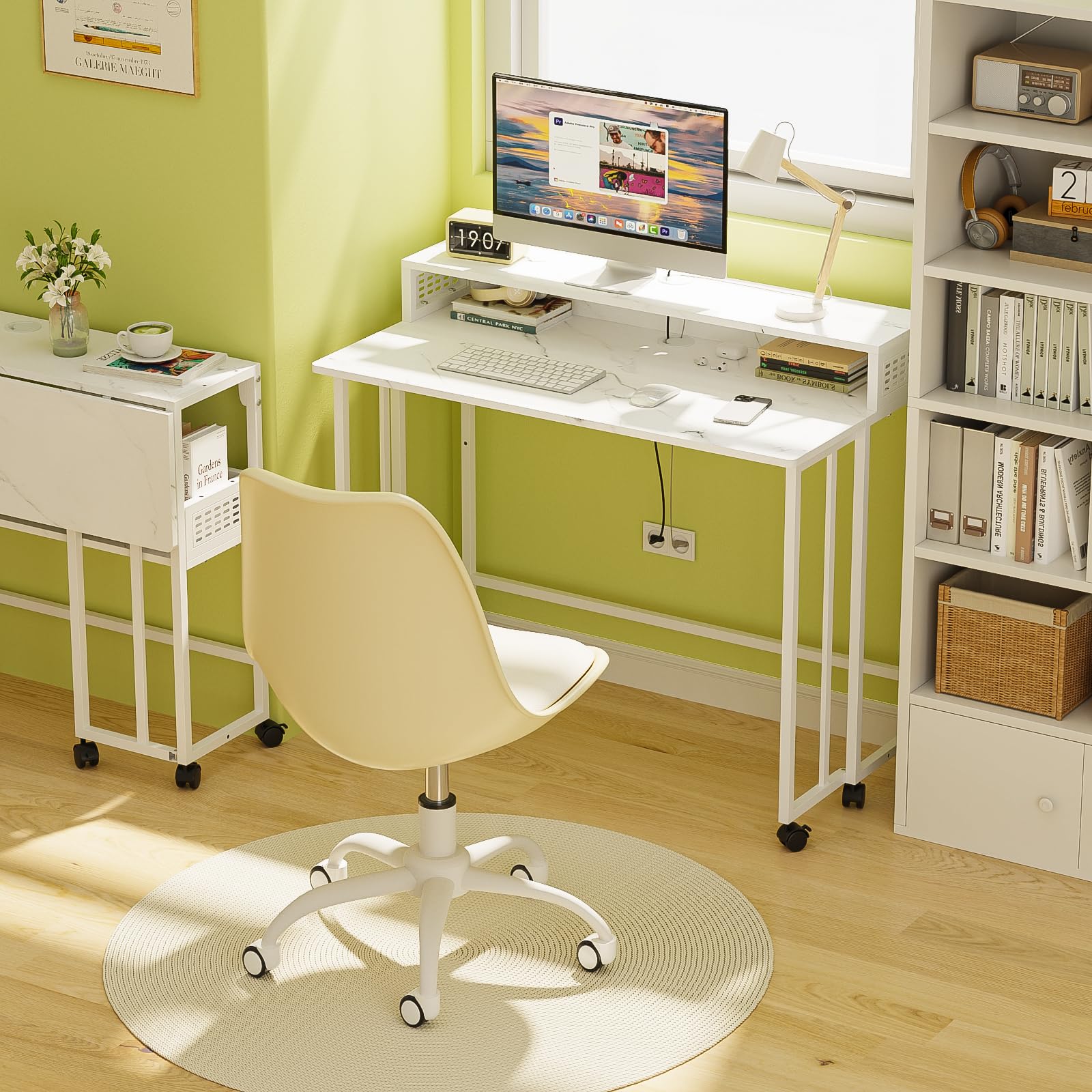 Escritorio plegable con estante de almacenamiento, sofá móvil, mesa auxiliar para oficina en casa, espacio pequeño, mármol blanco, 31.5 4