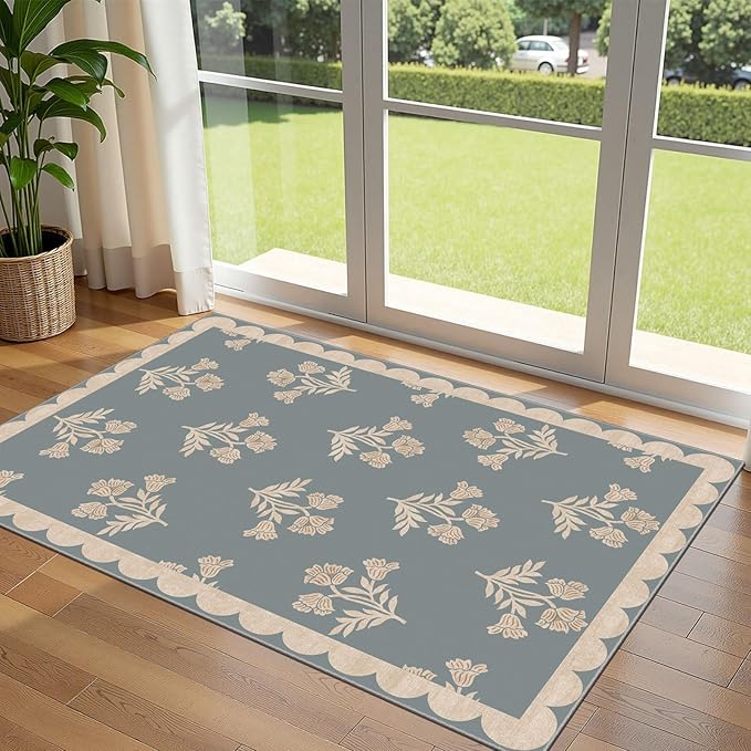 3x5 Floral Entry Rug - Small Washable Indoor Outdoor Mats for Front Door Non-Slip Porch Rug Tan Boho Neutral Farmhouse Throw Rugs for Living Room Bedroom Entryway Kitchen Office Porch Decor