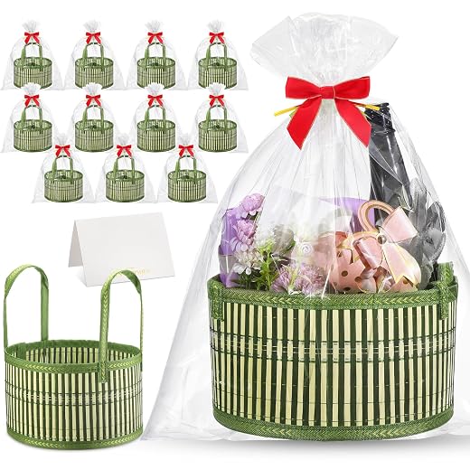 Weysat Conjunto de 12 cestas de presente vazias para o Dia das Mães, faça você mesmo, grande, tecido de bambu, kit de cesta de presente com alça de laço vermelho para encher para casamento