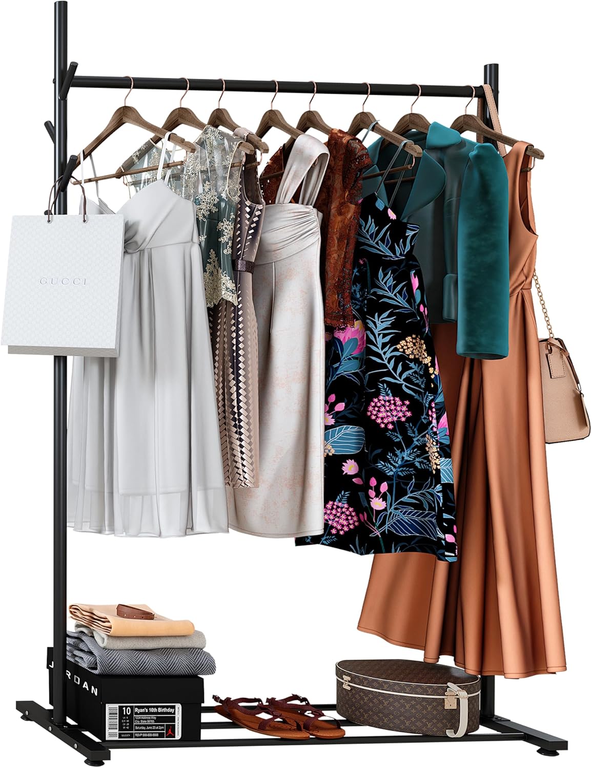 Portable Heavy Duty Clothes Rail For Bedroom, Home & Shops, 50KG Load Clothes Rack With Storage Shelf, Metal Clothing Rail For Hanging Garments, Coats (Black With Feet)