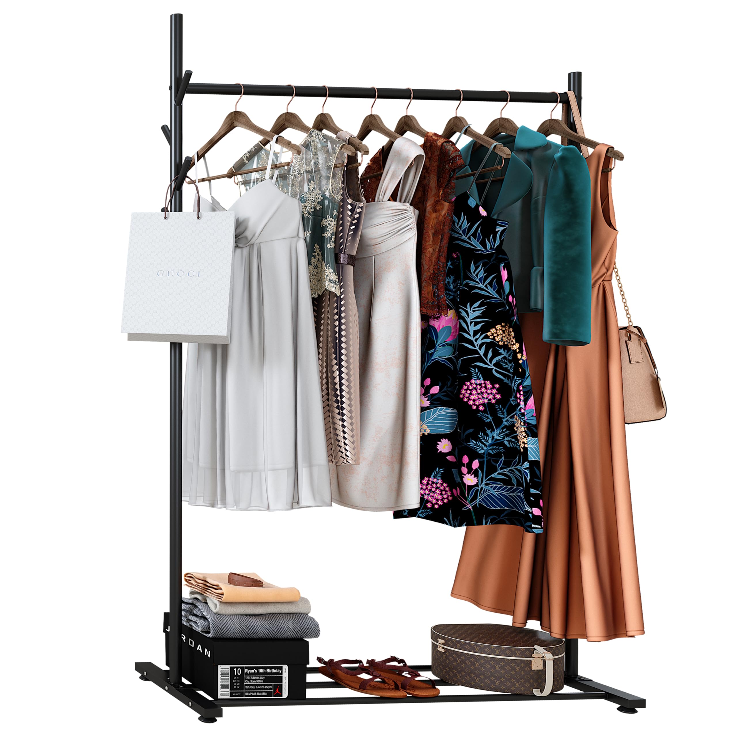 Portable Heavy Duty Clothes Rail For Bedroom, Home & Shops, 50KG Load Clothes Rack With Storage Shelf, Metal Clothing Rail For Hanging Garments, Coats (Black With Feet)