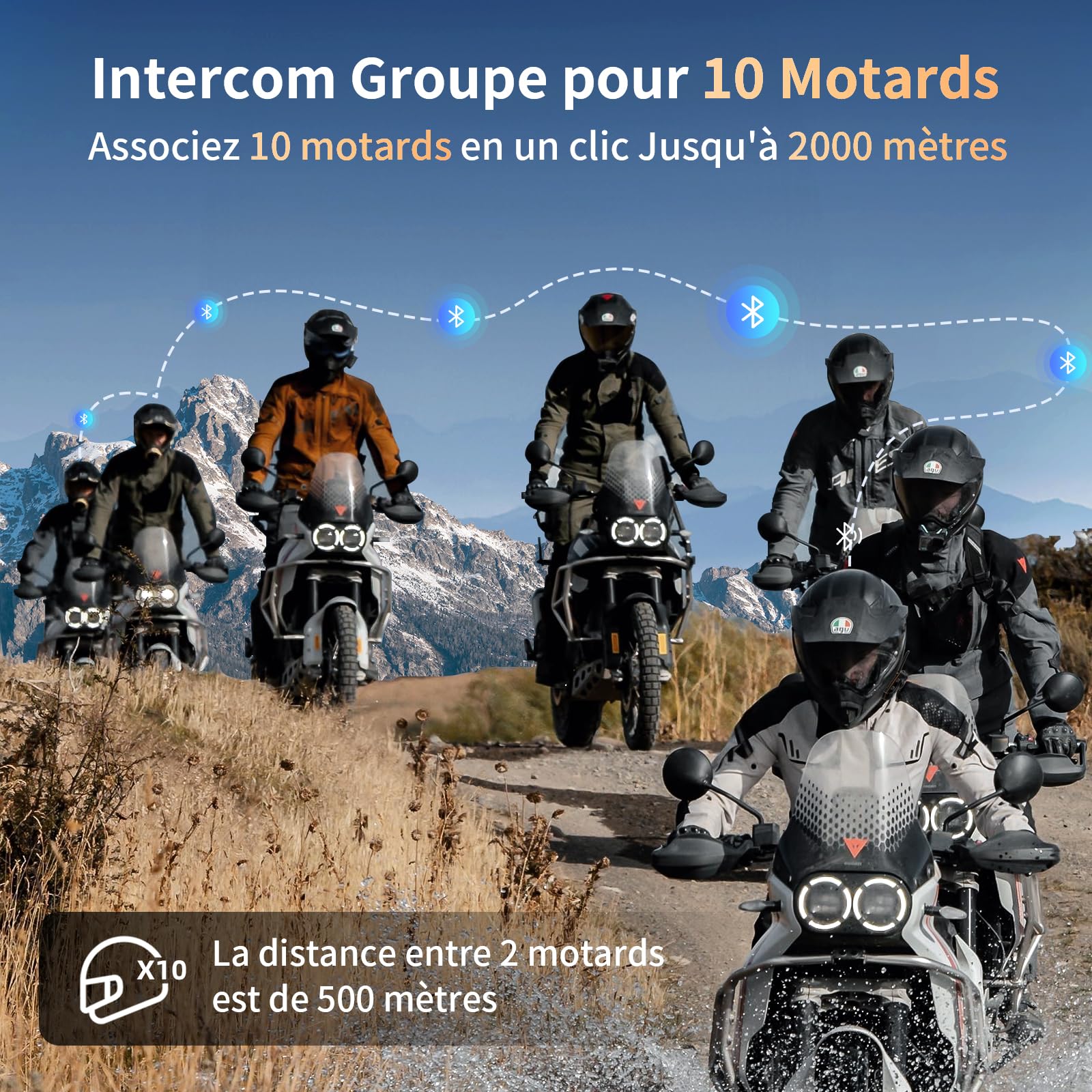 Fodsports FX8 Pro Intercom Moto Bluetooth avec Système de Communication jusqu'à 10 Motards, Partage de Musique, Radio FM, Appairage Rapide, Annonce Vocale en 7 Langues et Pilotage Via Application